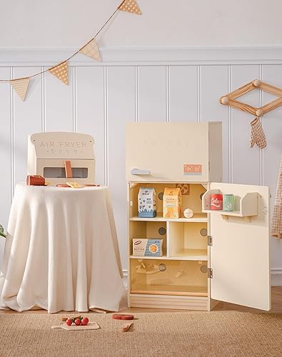 Miniatura 2 de ROBOTIME Juego de cocina de juguete, frigorífico de juguete, freidora de aire de juguete, refrigerador de juguete de madera con accesorios, juego de