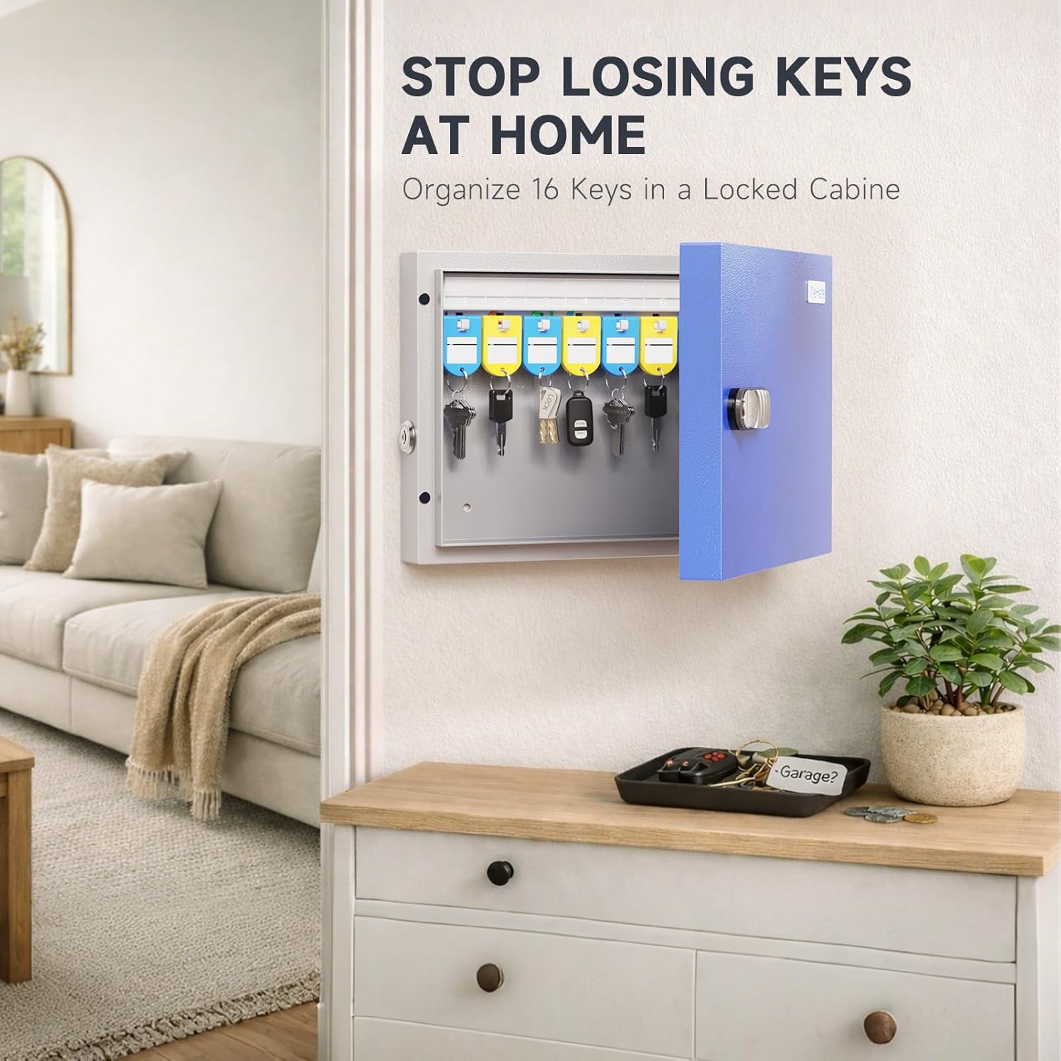 16 Key Lock Box - Wall Mounted Key Cabinet with 3-Digit Combination Lock & Backup Key, Key Organizer Lockbox for Home, Office, Rental, Property Management, Includes Key Tags & Magnetic Door