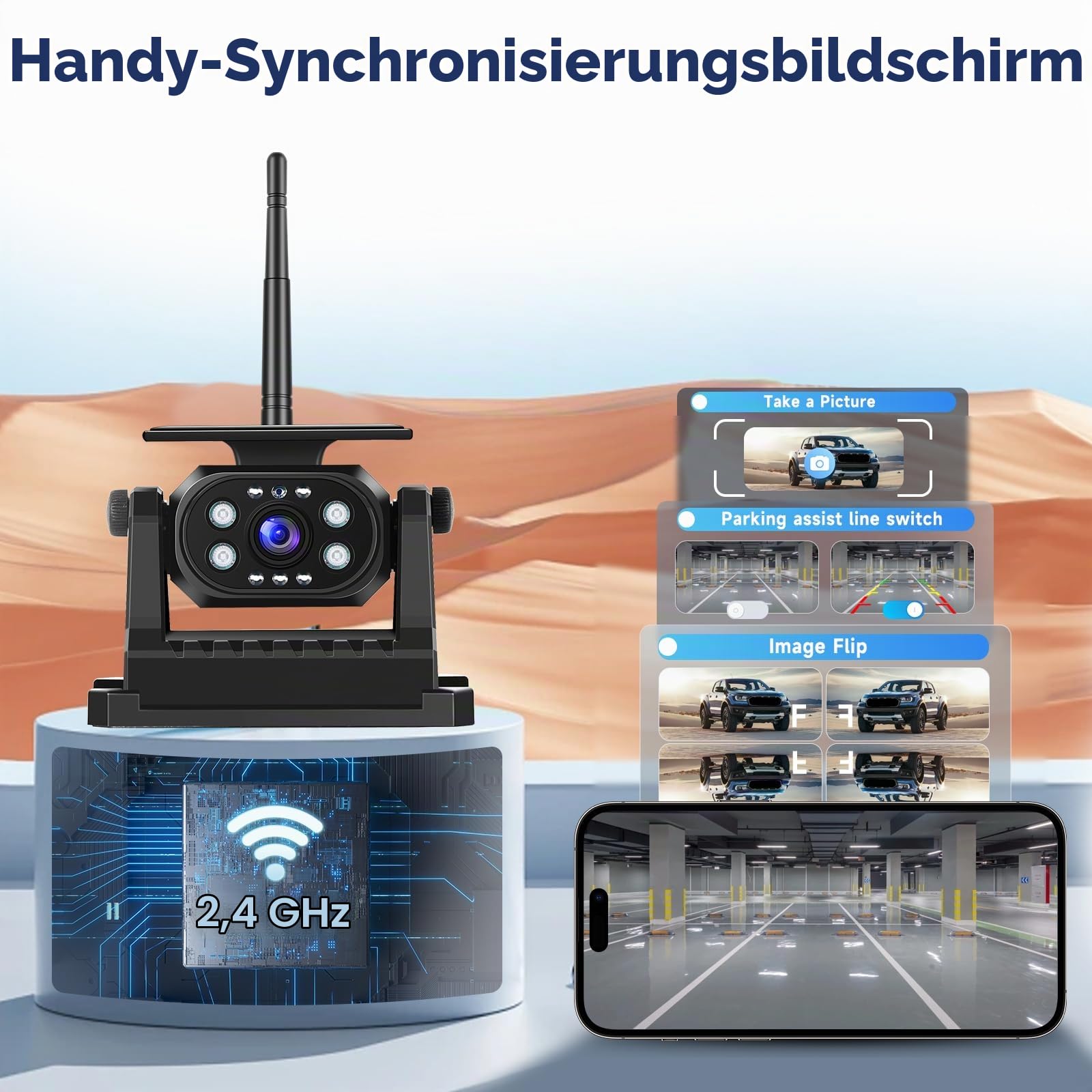 Hodozzy Kabellose Rückfahrkamera Solar Stabiles WiFi, 1080P Rückfahrkamera Auto mit Wasserdicht, Solaraufladung 10.000 mAh Magnetische Basis, Nachtsicht, Rückfahrhilfe Wiederaufladbare Kamera