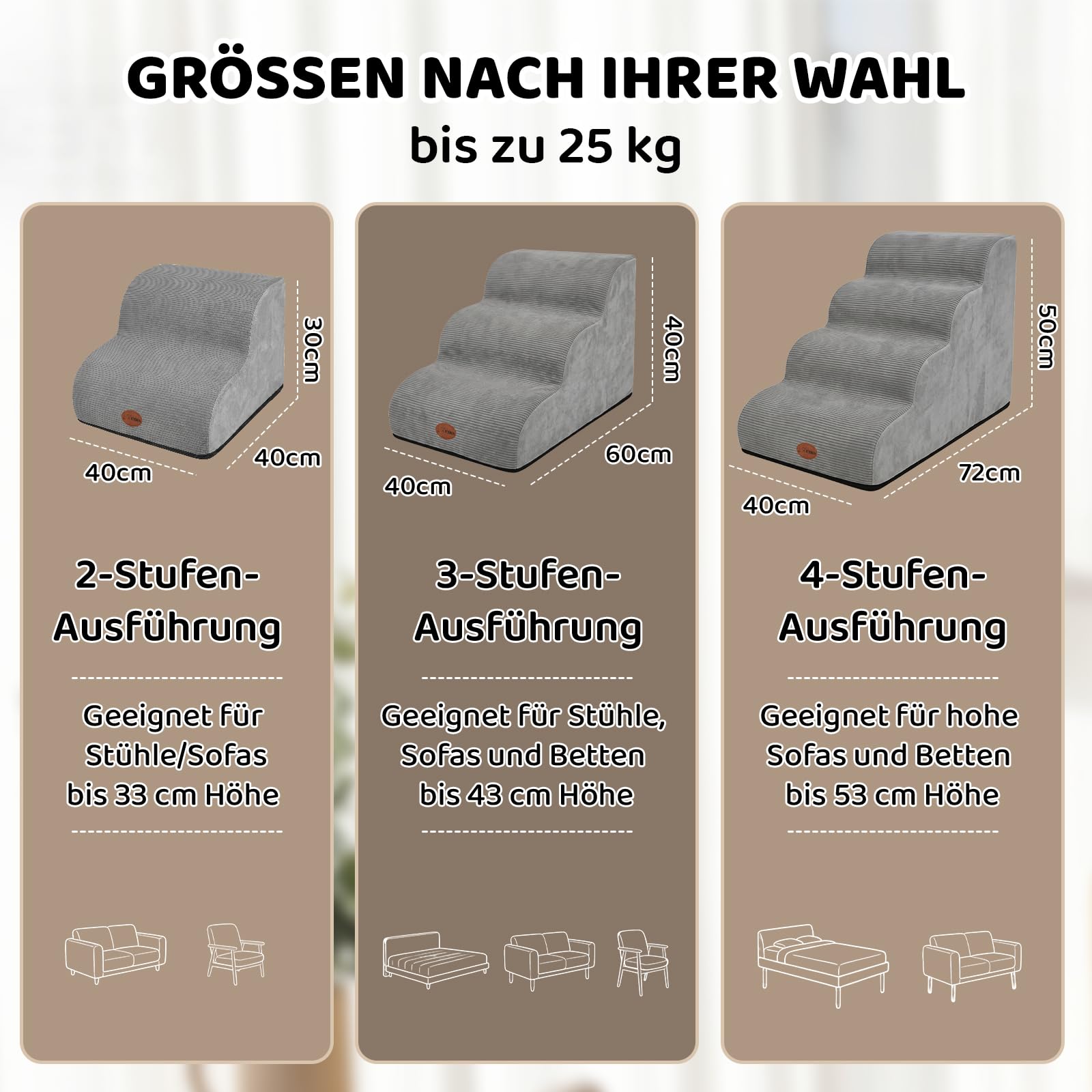 X XBEN Escaliers pour Chiens Petits, Âgés et Blessés, Marches pour Animaux | Mousse Haute Densité 33D, Pente Douce, Housse Lavable, Adhérence, Antidérapant, pour Lit et Canapé, 4 Marches, 50 CM