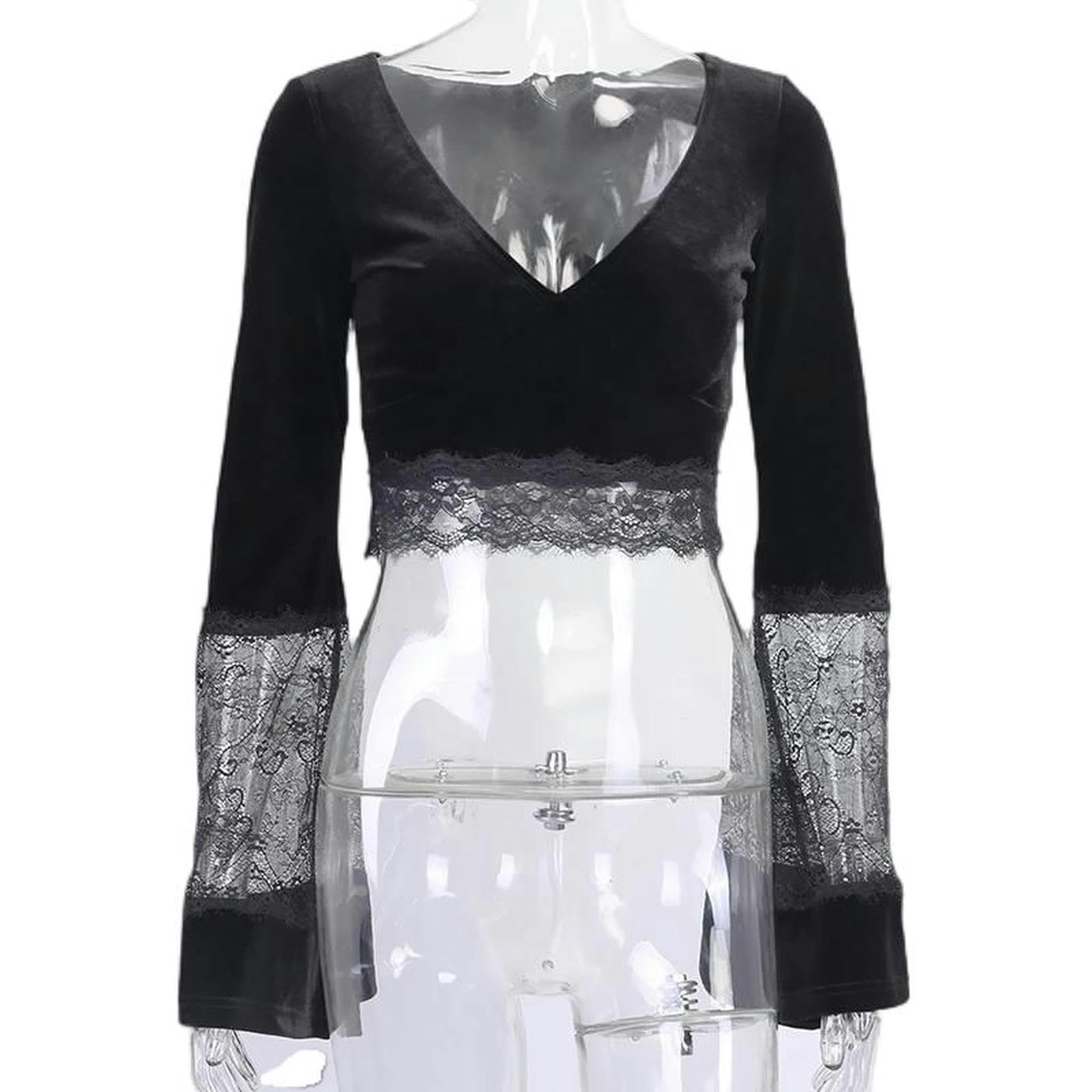 Blusa Elegante de Verano con Escote en V, Mangas Acampanadas, Encaje y Retazos, Cintura Alta, Color Negro, M