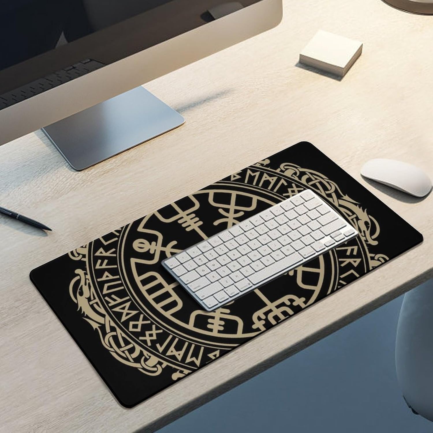 Black Celtic Viking Design Magical Runic Compass Vegvisir in The Circle of Norse Runes and Dragons Tattoo Decorative Fashionable Anti Slip Table Mat, Waterproof Mouse Protection Pad 30x60cm