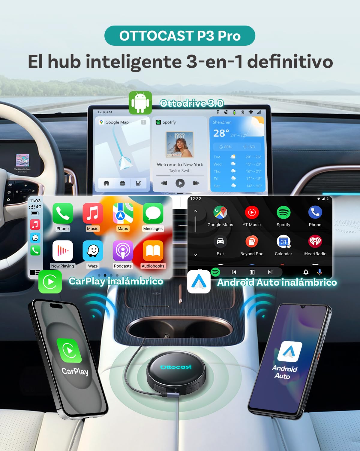 (2026 Nuevo) OTTOCAST P3 Pro CarPlay AI Box, 3-en-1 Inalámbrico Adaptador CarPlay & Android Auto con Salida HDMI, 8GB+128GB, Descargar Cualquier App, Pantalla Dividida para Coches con CP/AA con Cable