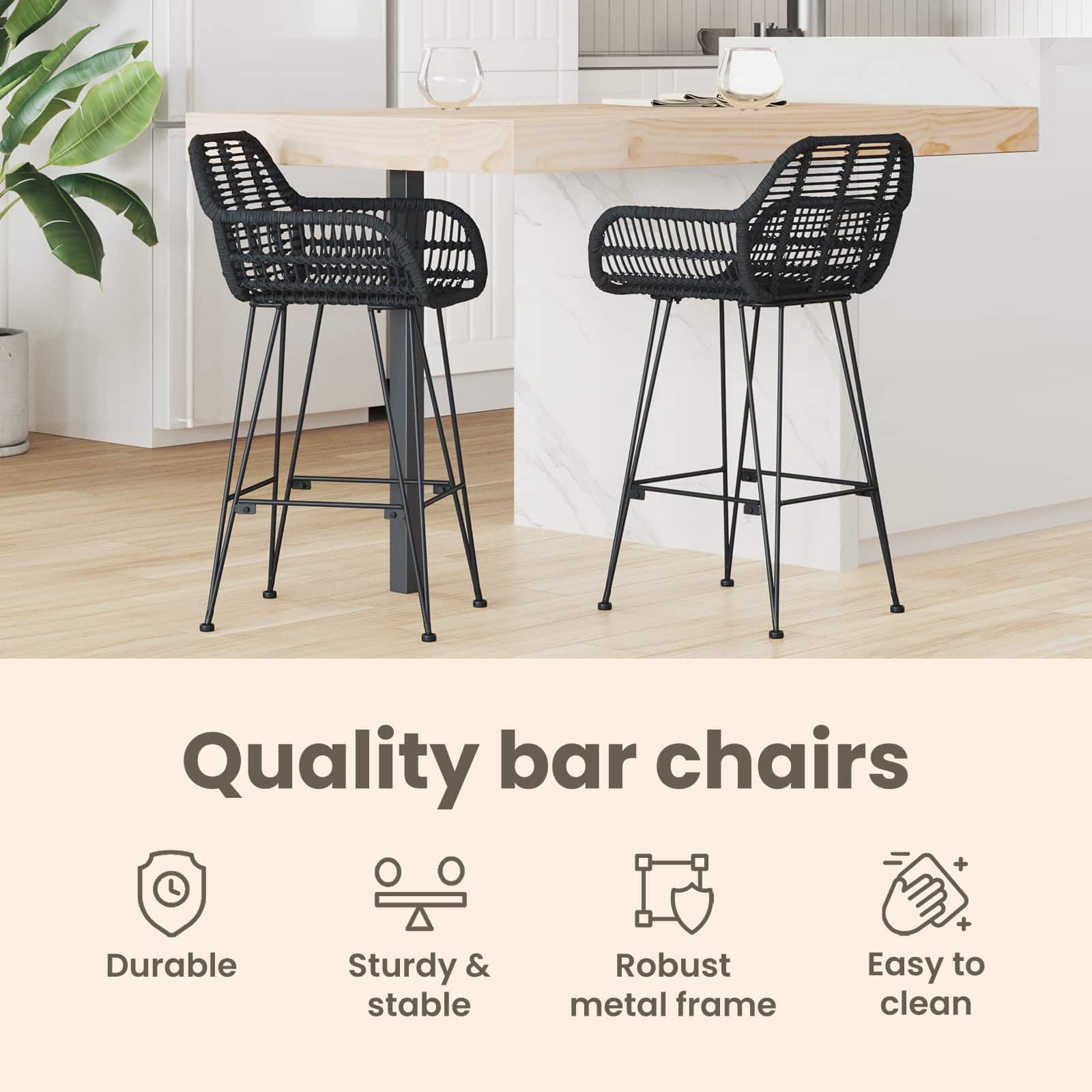 vidaXL Silla de Bar 2 uds. Negro 55 x 52 x 92 cm Ratan e Hierro