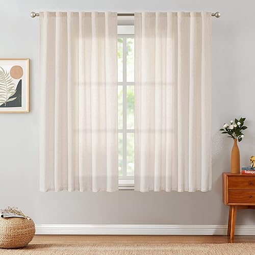 Miniatura 2 de Lazzzy Cortinas de lino semitransparentes para sala de estar, cortinas de lino con pestaña trasera, cortinas de lino con bolsillo para barra de