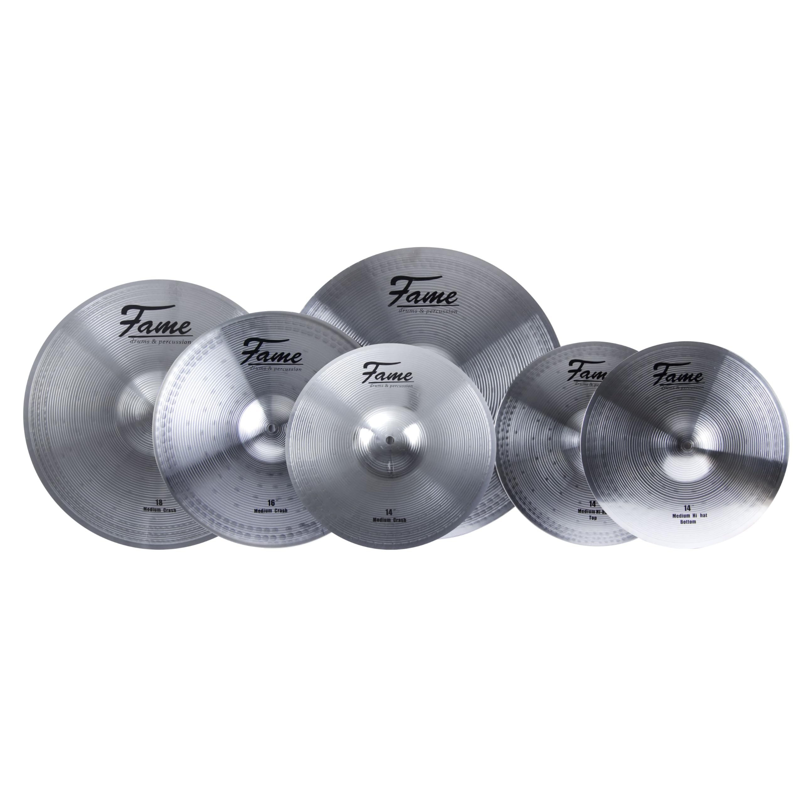 Fame Reflex Cymbal Set, 14" & 18" Crash Ride Becken, Regular Finish, Medium Stärke, 3 Teile, inklusive Drummer Handtuch