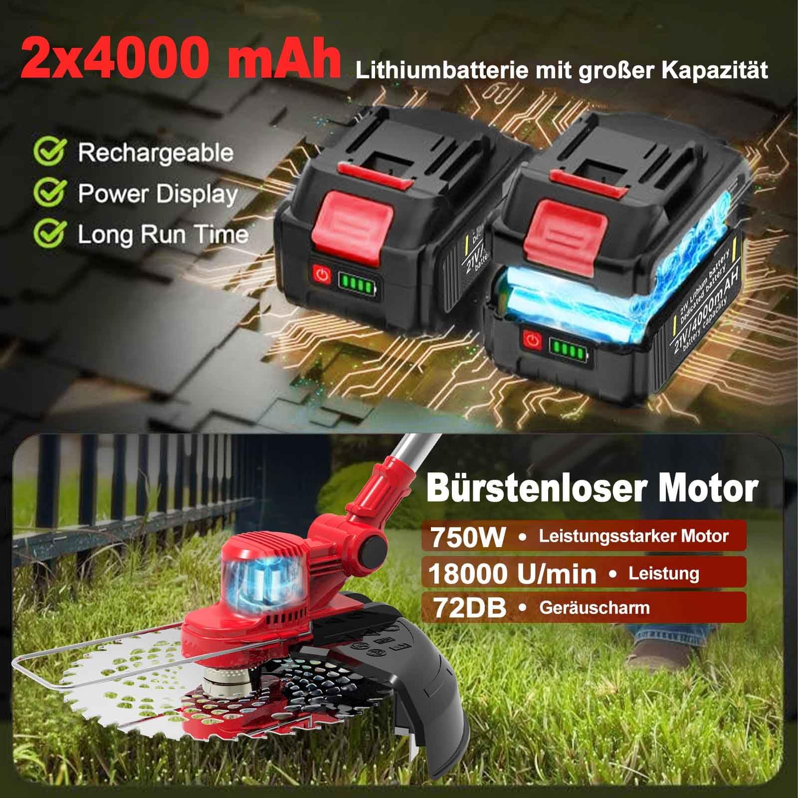 Rasentrimmer mit Akku und Unkrautbürste, 9" Bürstenlose Freischneider,mit 2 Akku 4.0Ah, 21v unkrautbürste akku, Trimmer Garten mit 4 Klingentypen, für Garden Trimmen