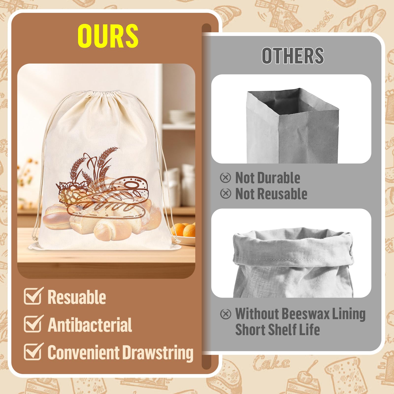 2 Pièces Sacs à Pain en Lin avec Doublure en Tissu en Cire d'abeille Sac a Pain Réutilisables pour Conservation Fraîcheur Alimentaire Rangement pour Pain Baguette Fruits Légumes-43 * 32,5cm(Cordon)