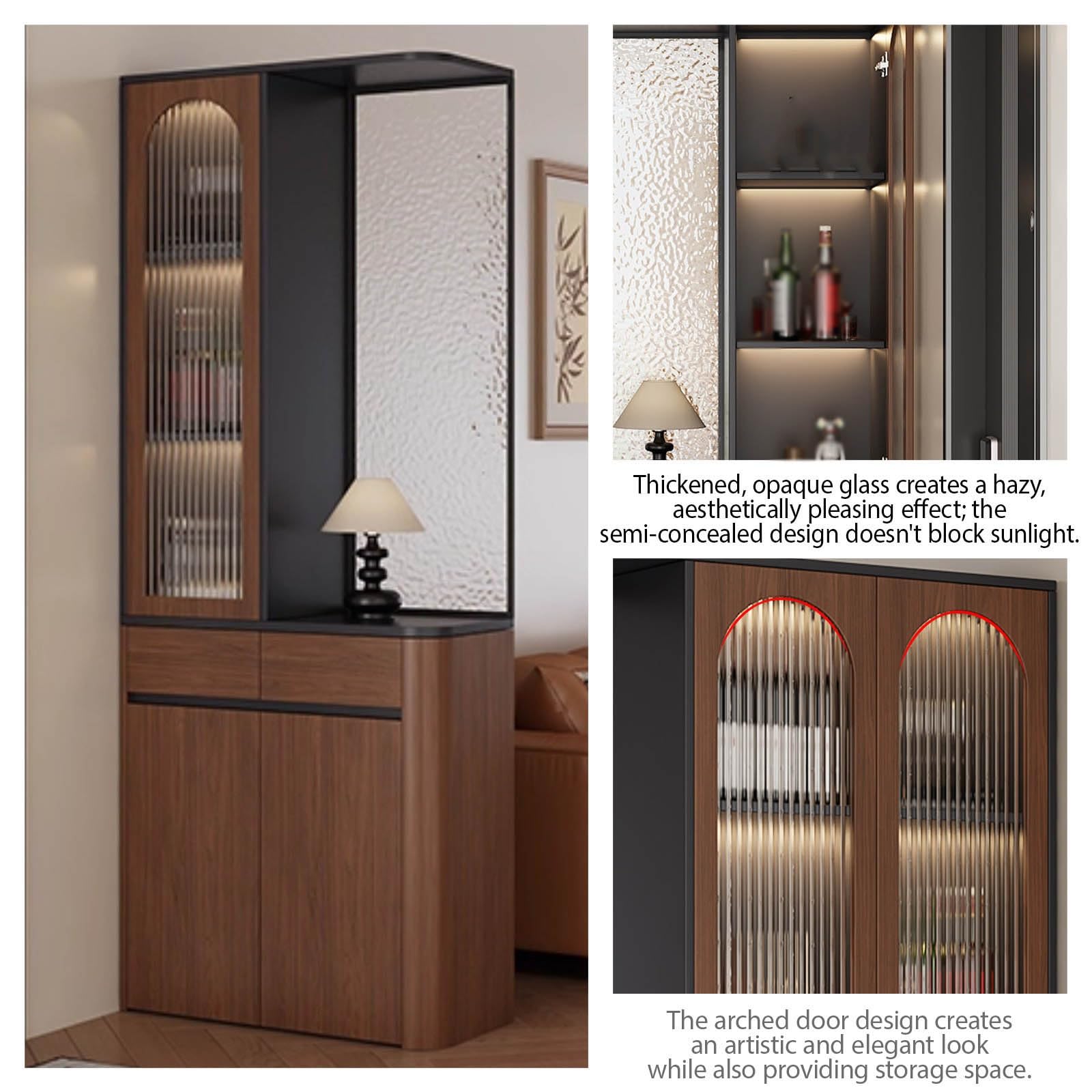 Cloison ou paravent autoportant, séparateur d’intimité en Bois avec Verre dépoli et Meuble de Rangement, adapté au Salon, à l’entrée et à d’Autres espaces.(E,140cm/55.1in)