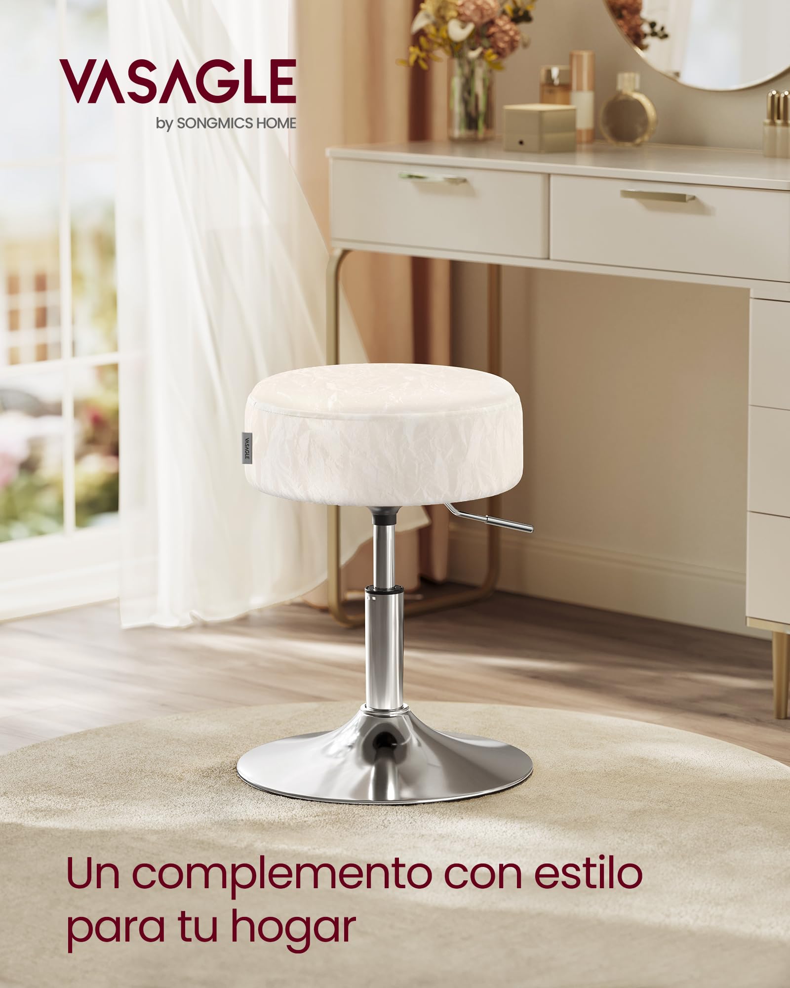 VASAGLE Sgabello da Trucco, Sedia per Toeletta, Regolabile in Altezza, Girevole a 360°, in PU, Seduta Spessa, per Camera da Letto Cucina Sala da Pranzo, Moderno, Bianco Crema LJB120W01