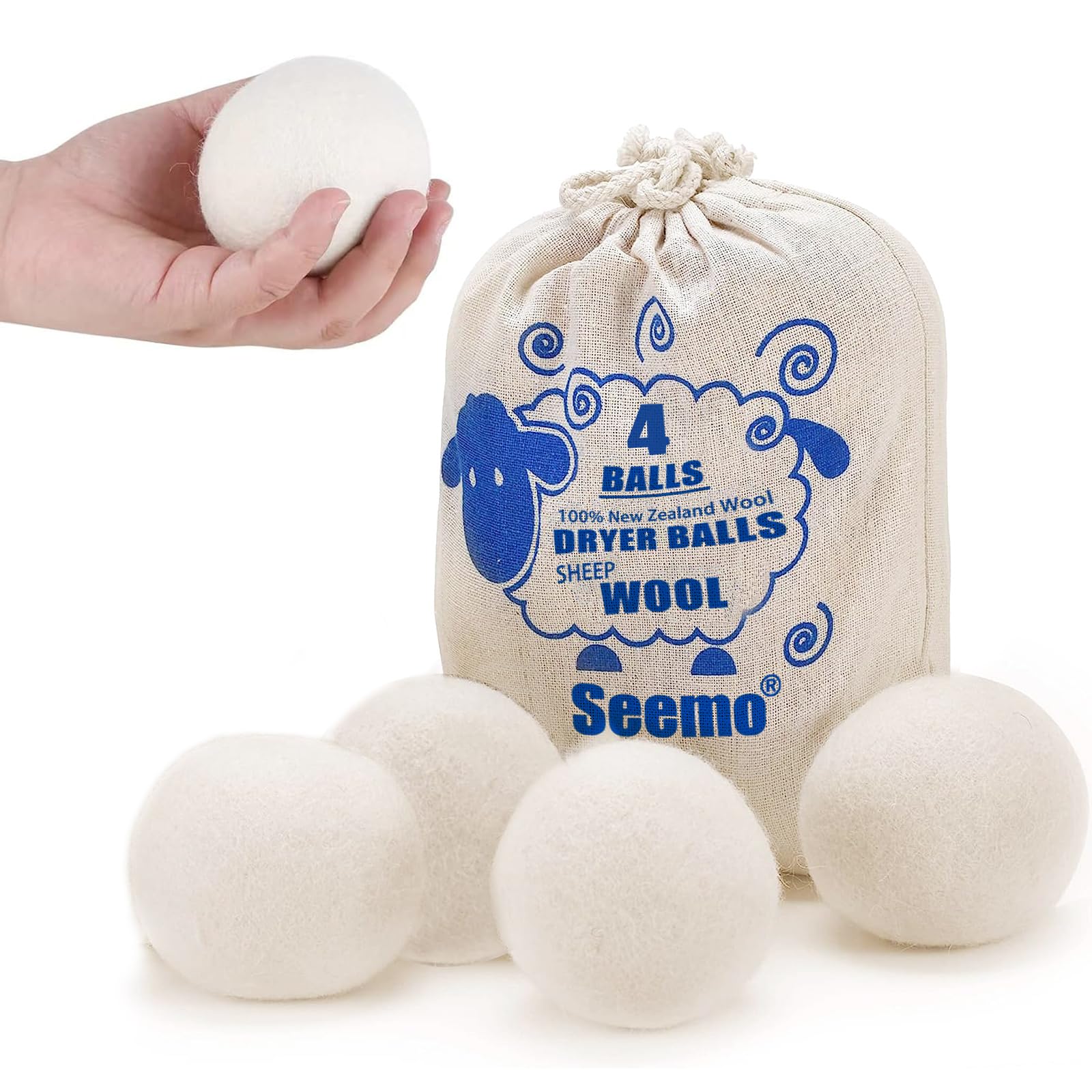 SeemoWool Dryer Balls 100% Pure New Zealand’s Sheep Wool Made Reusable Reduces Clothing Wrinkles and Saves Drying it's a Better Alternative to Plastic Balls and Liquid Softener (4 Balls)