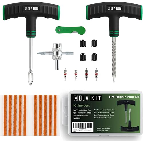 HolaKit Tire Plug Kit, 22PCS Compact Tire Repair Kit with Rubber Plugs, Upgrade T-Handle, 4-Way Valve Steam Tool, Flat Tire Puncture Repair Tools for Cars, Motorcycle, ATV, SUV
