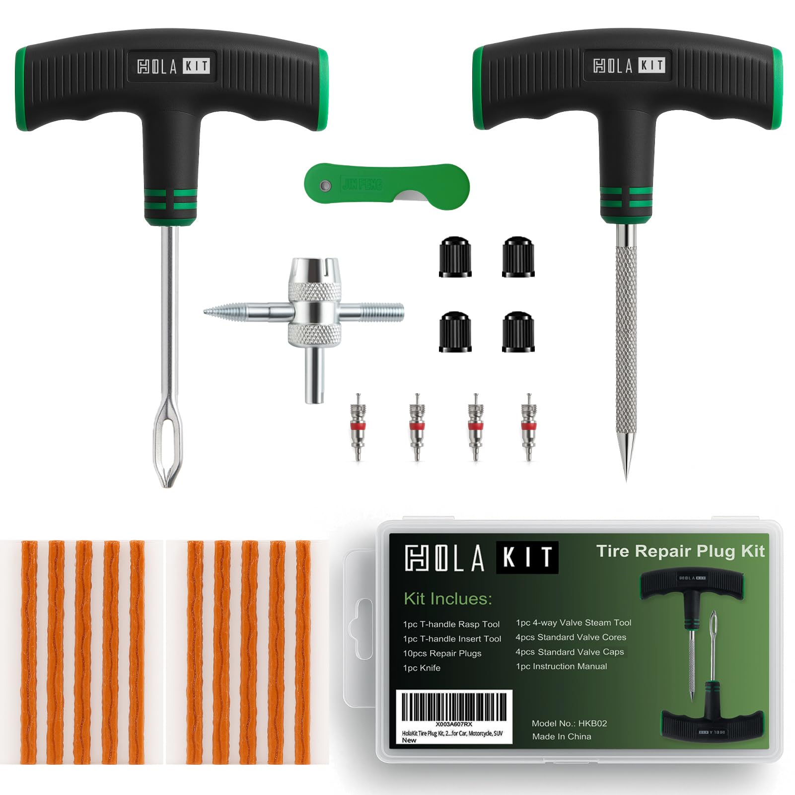 HolaKit Tire Plug Kit, 22PCS Compact Tire Repair Kit with Rubber Plugs, Upgrade T-Handle, 4-Way Valve Steam Tool, Flat Tire Puncture Repair Tools for Cars, Motorcycle, ATV, SUV