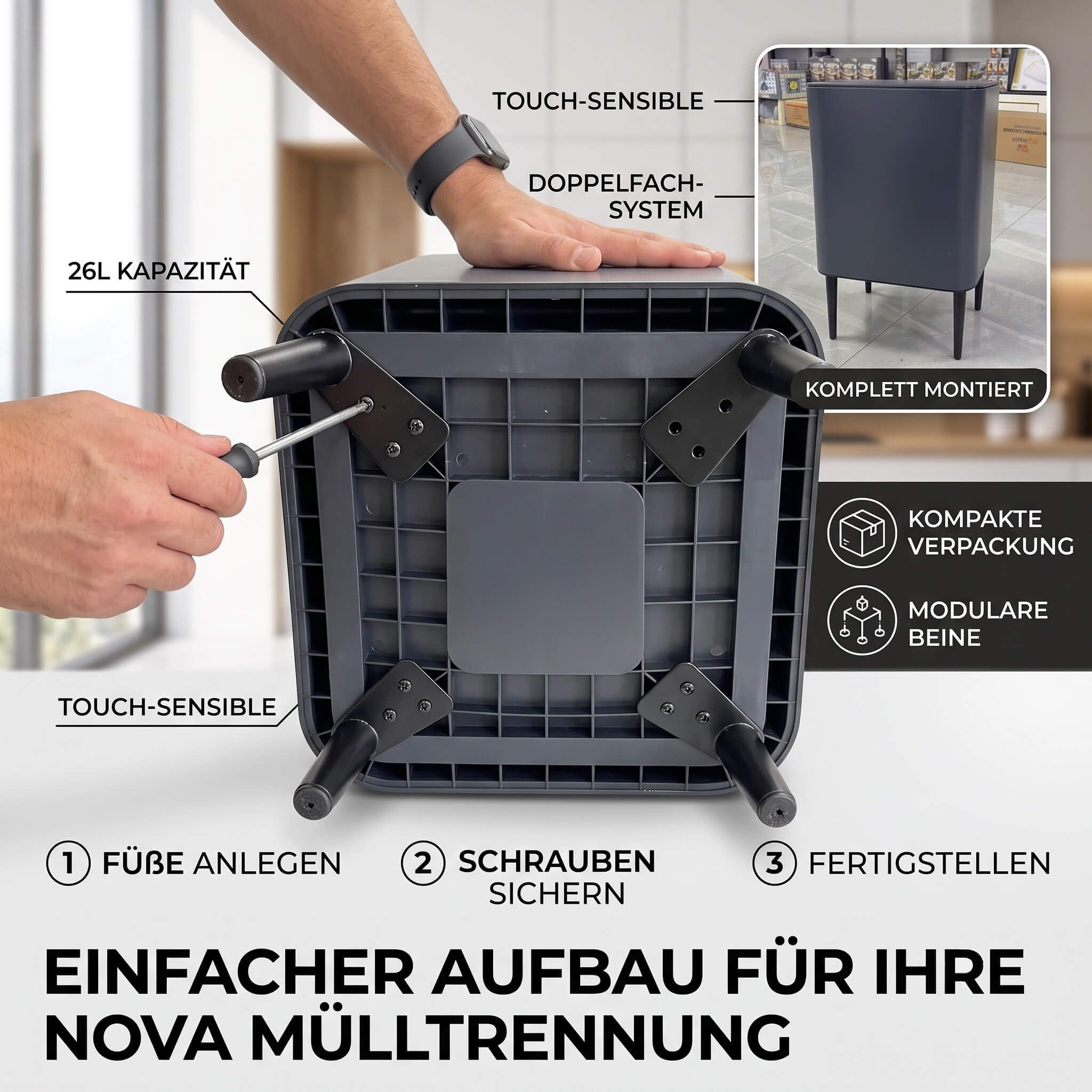 Vip Ahmet Nova Mülleimer Küche 2 Fächer. Touch-Abfalleimer mit Deckel. Küchenabfalleimer für Abfall & Recycling. Doppel Mülleimer (Matt Grau. 26L)