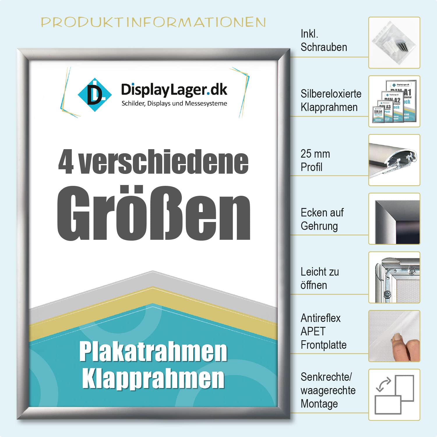 DisplayLager, Calidad danesa – Paquete ahorro de 5 unidades, marco plegable DIN A1 plateado con perfil de aluminio de 25 mm, disco protector antirreflectante, material de fijación