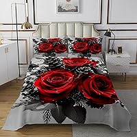 Vista 6 de Juego de colcha de rosas tamaño Queen, romántico juego de edredón floral de rosas rojas para niñas y mujeres, ropa de cama de rosa 3D con gota