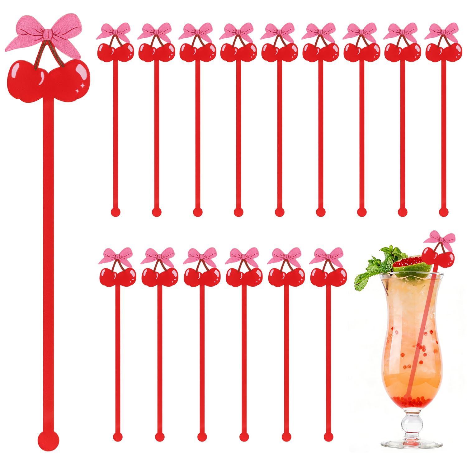 CCINEE 30Pcs Pink Bow Cherry Cocktail Drink Stirrers, Swizzle Sticks for Cocktail Coffee Drinks Stirrers Galentine Valentine Birthday Wedding Bow