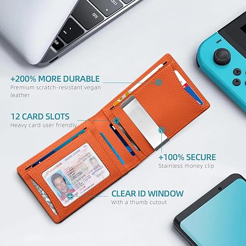 Miniatura 8 de Zitahli Billetera delgada para hombre de mayor capacidad con 12 ranuras con bloqueo de interferencia de radiofrecuencia minimalista doble bolsillo