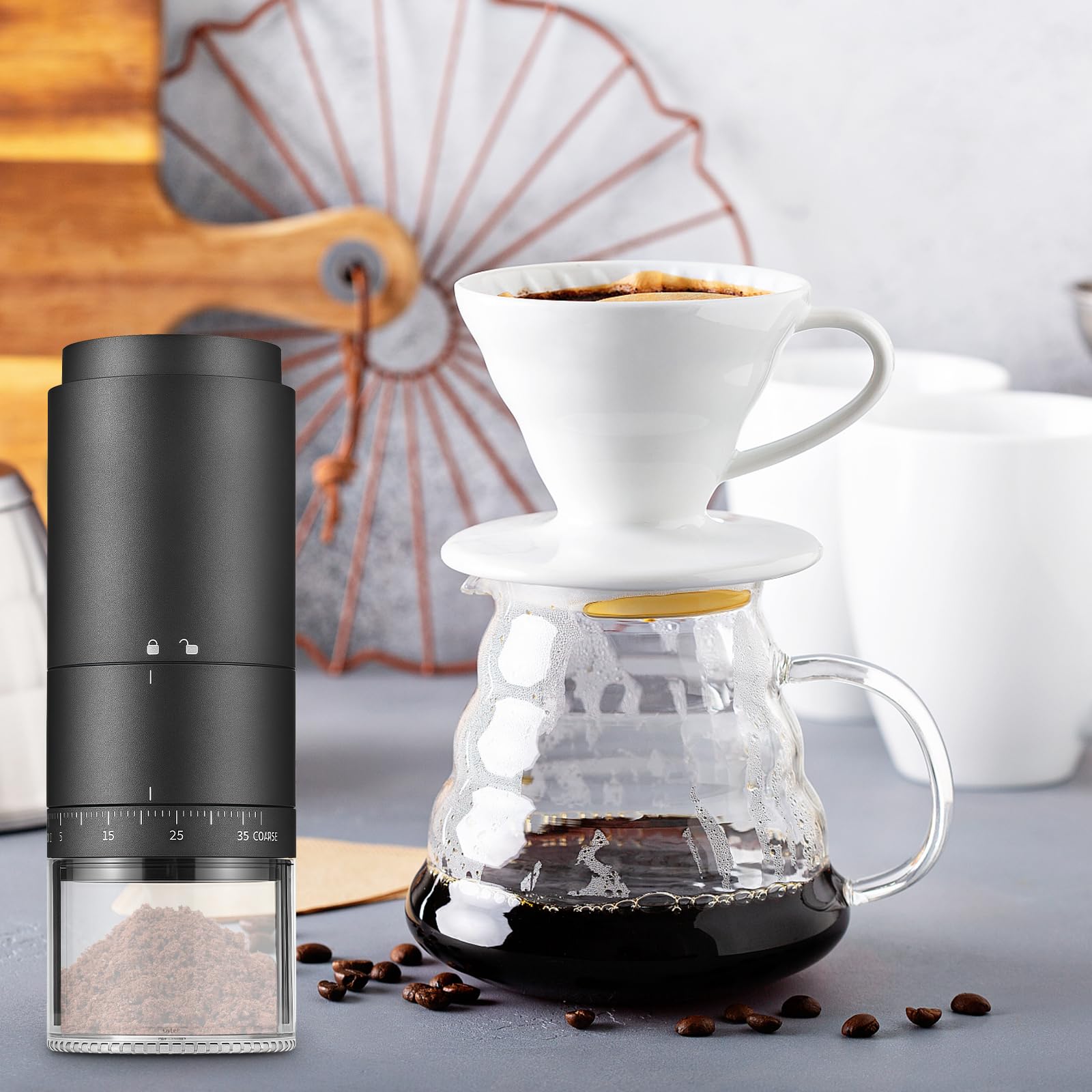 PORFOYO Molinillo de café eléctrico portátil con 38 ajustes de molienda, indicador de potencia digital, molinillo de café expreso recargable, molinillo de café expreso eléctrico