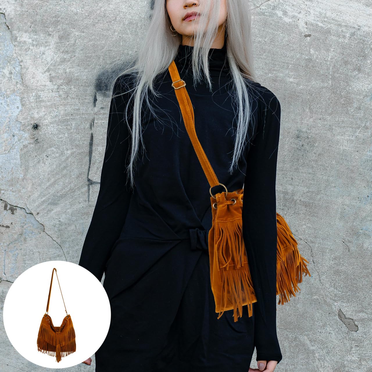 VALICLUD 2 Stücke Retro Tasche Fransen Eimer Tote Frauen Damen Cross-Body Schulter Handtasche Mode Quasten für