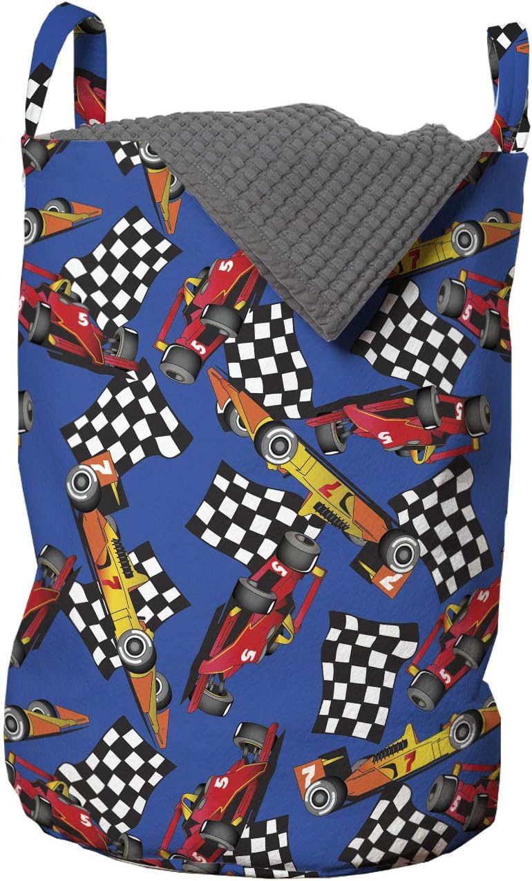 Ambesonne Race Car Laundry Bag, Cartoon Style Interpretation of Checkered Flags and Automobile, Hamper Basket with Handles Drawstring Closure for Laundromats, 13" x 19", Cobalt Blue