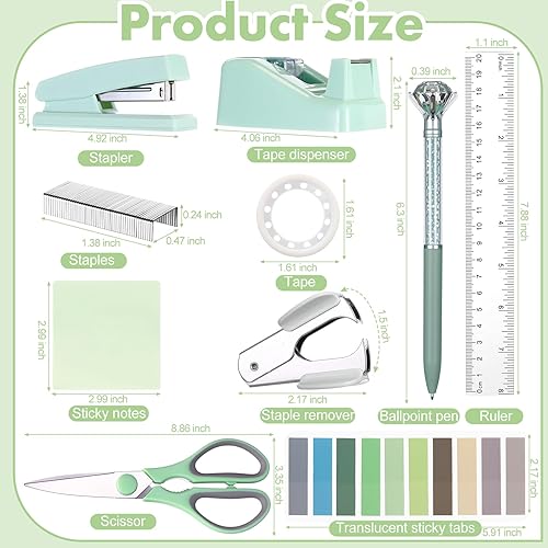 Miniatura 3 de Marspark Juego de 12 accesorios de escritorio de oficina verde salvia, soporte giratorio de 360, grapadora, dispensador de cinta, tijeras, notas