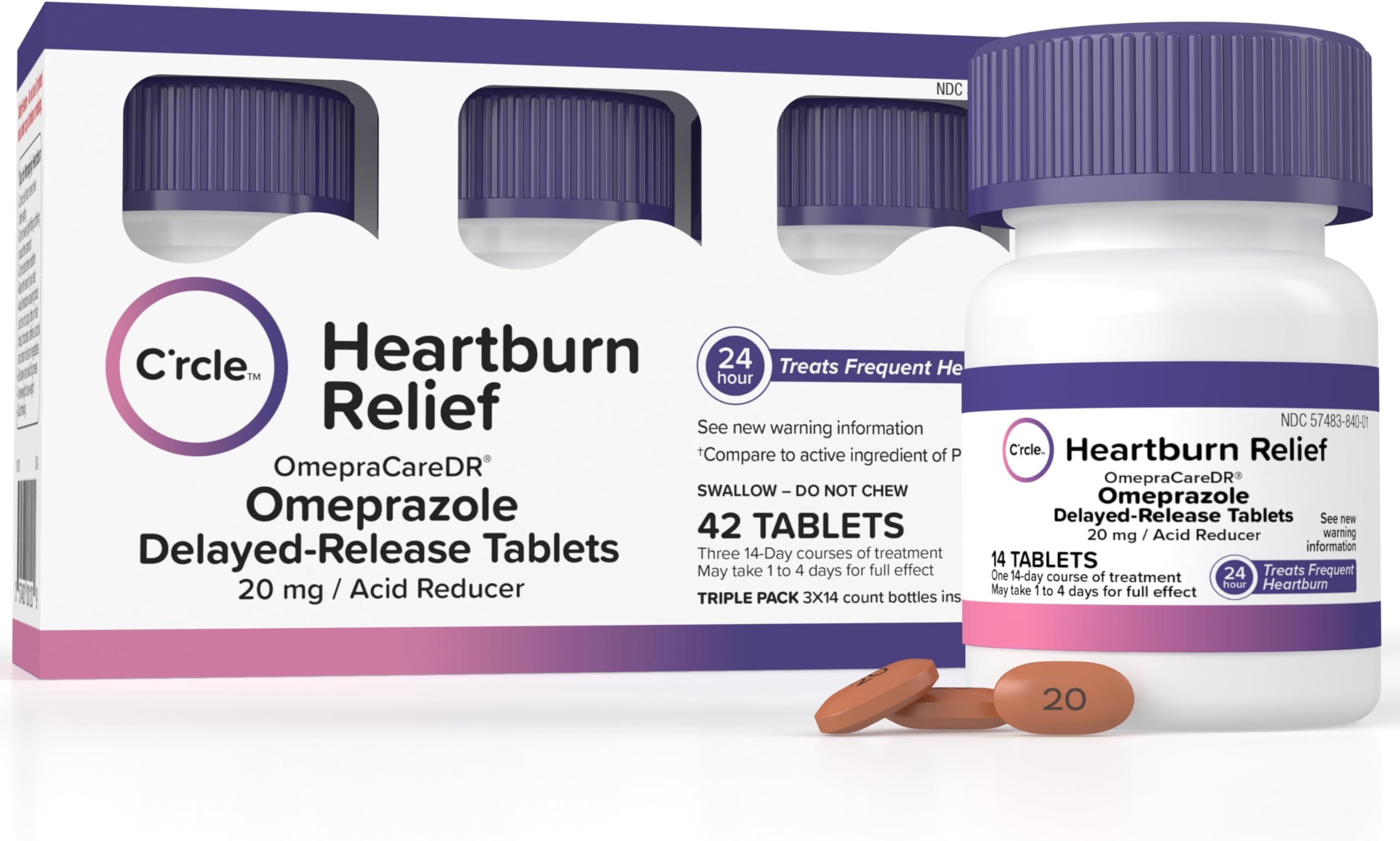 Omeprazole 20mg Tablets 42 Ct - Heartburn Medicine - Acid Reducer for Frequent Heartburn Relief - Acid Reflux Medicine - Delayed Release for Daily Use - 3x14ct pack
