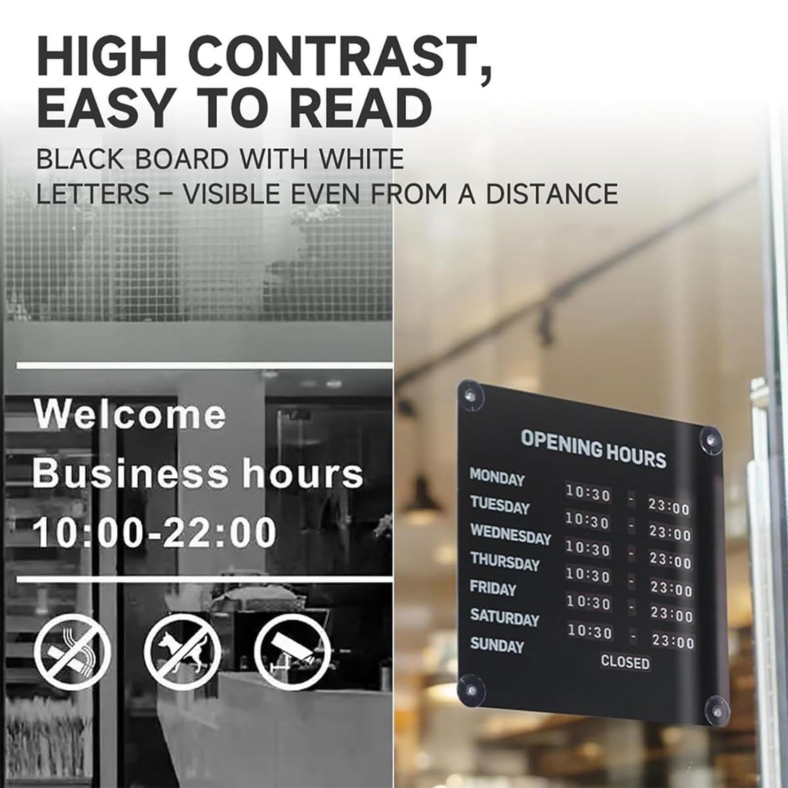 Señal de horario comercial, pantalla ajustable para puertas de cristal, números magnéticos intercambiables, ventosas, tablero de horario reutilizable para tiendas, cafeterías, salones, oficinas