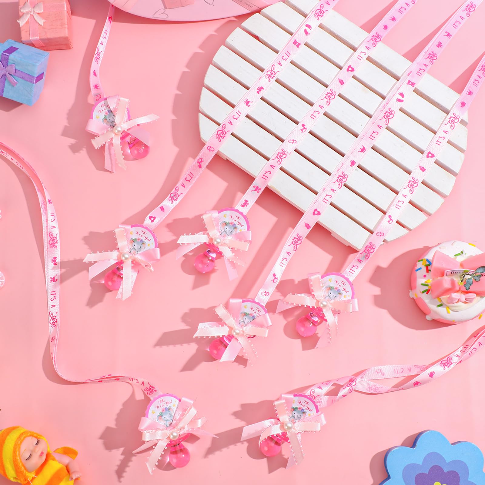 Remuuly Lot de 60 tétines en acrylique pour fête prénatale - Motif éléphant mignon - Pour filles et garçons - Décoration de fête - Rose - Fille
