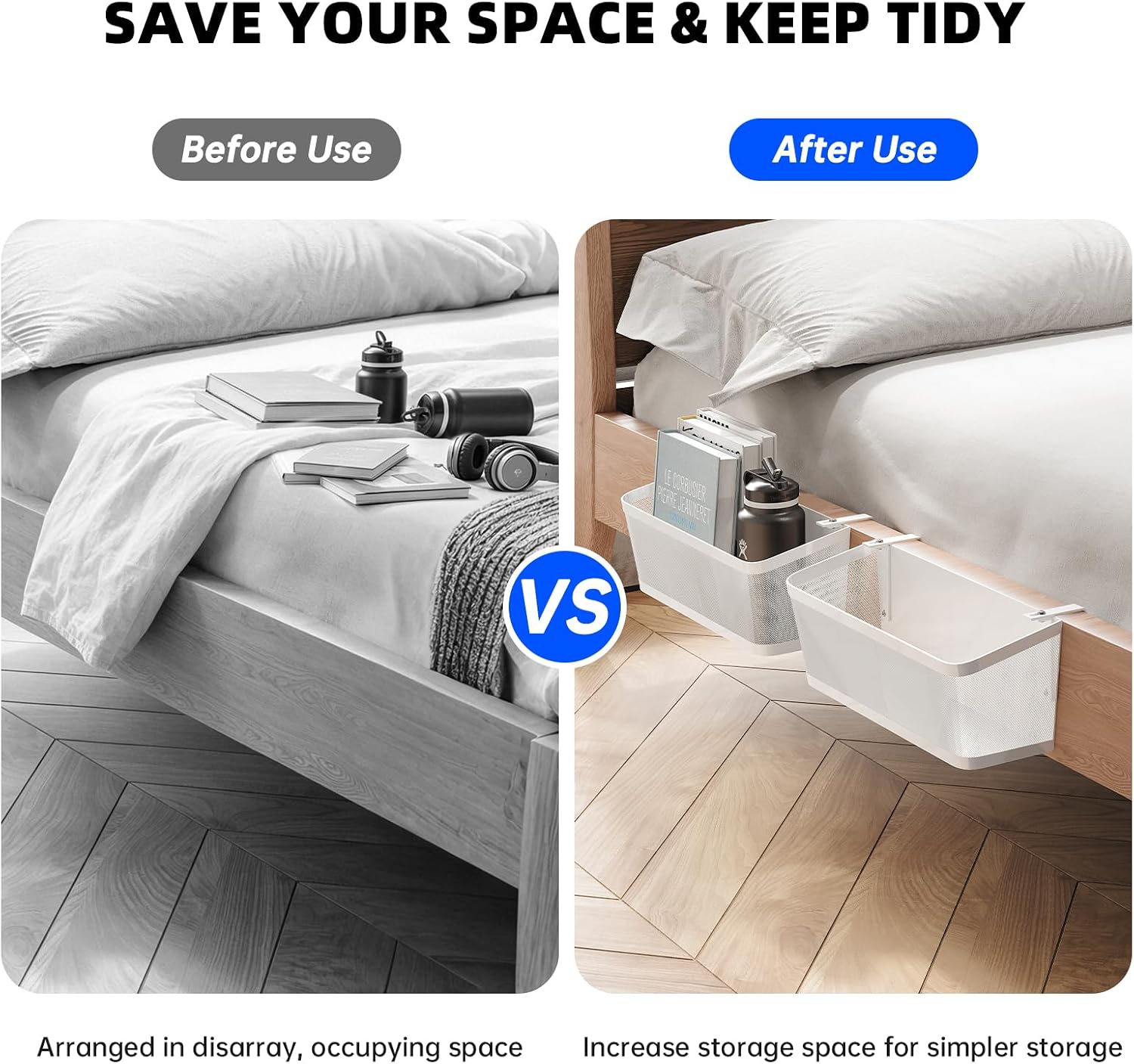 2 Pack Bedside Caddy Organizer, White Metal Hanging Storage Baskets for Bed Rail and Headboard, Bunk Bed Shelves, College Dorm Room Essentials, Holds Phones, Books, Tablets and Bottles (Extra Large)