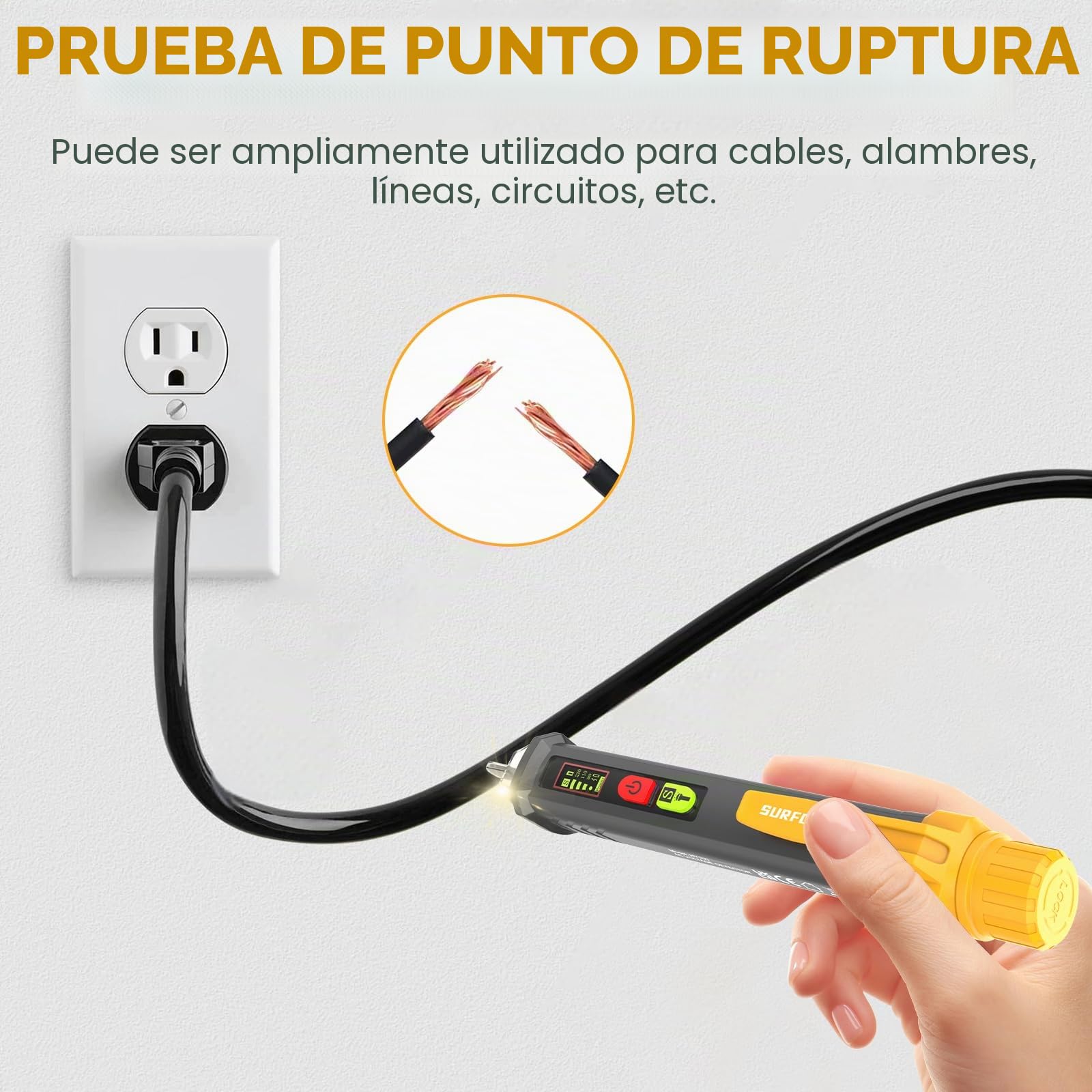 SURFOU Detector de Voltaje sin Contacto AC 12V/48V-1000V con NCV, Linterna LED, Alarma Sonora, Detección de Cable Vivo/Neutro y Rotura de Cables, para Electricistas y Bricolaje