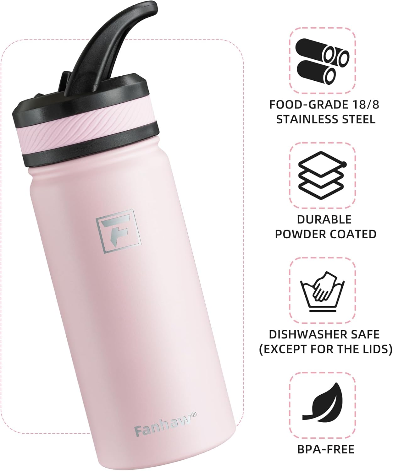 Fanhaw 18 Oz Kids Insulated Water Bottle with Straw Lid – Stainless Steel Double Wall Vacuum, Leak-Proof, BPA-Free Water Bottles for School Boys & Girls(Pink) - Image 3