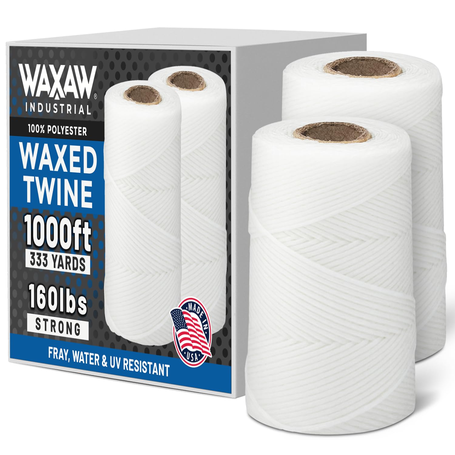 Waxed 100% Polyester White Twine/Cord | 1005 feet (335 Yards) x 2 Rolls | 9-ply | 115-Pound Loop Strength Cable Tie Down Lacing
