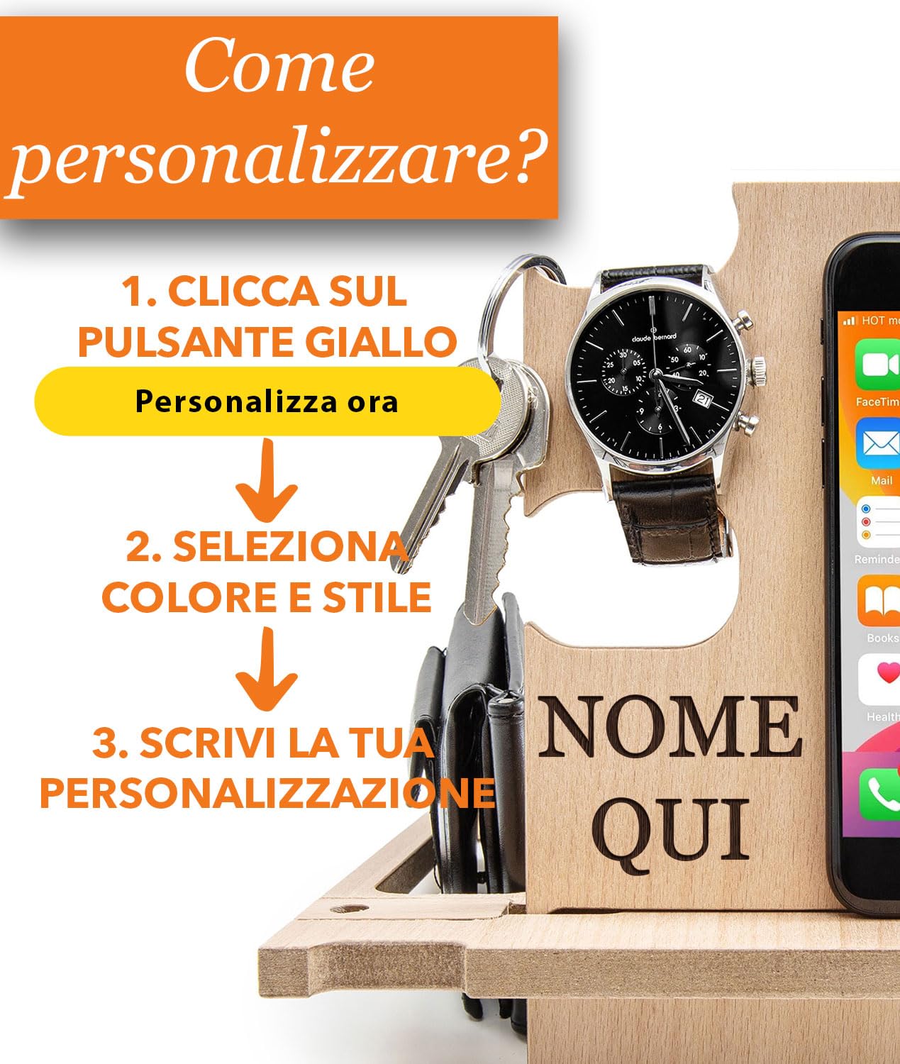 Greta Oto Svuotatasche in Legno Personalizzato Organizer da Scrivania e Comodino con Supporto per Smartphone Porta Orologi Regalo Festa del Papà