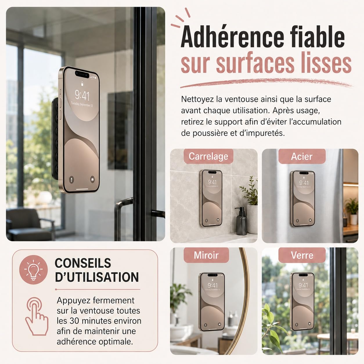 Set Di 2 Supporti A Ventosa In Silicone Per Telefono – 24 Micro Ventose, Attacco A Specchio/ Vetro/piastrelle, Per Selfie, Videochiamate E Ricette In Cucina - 4