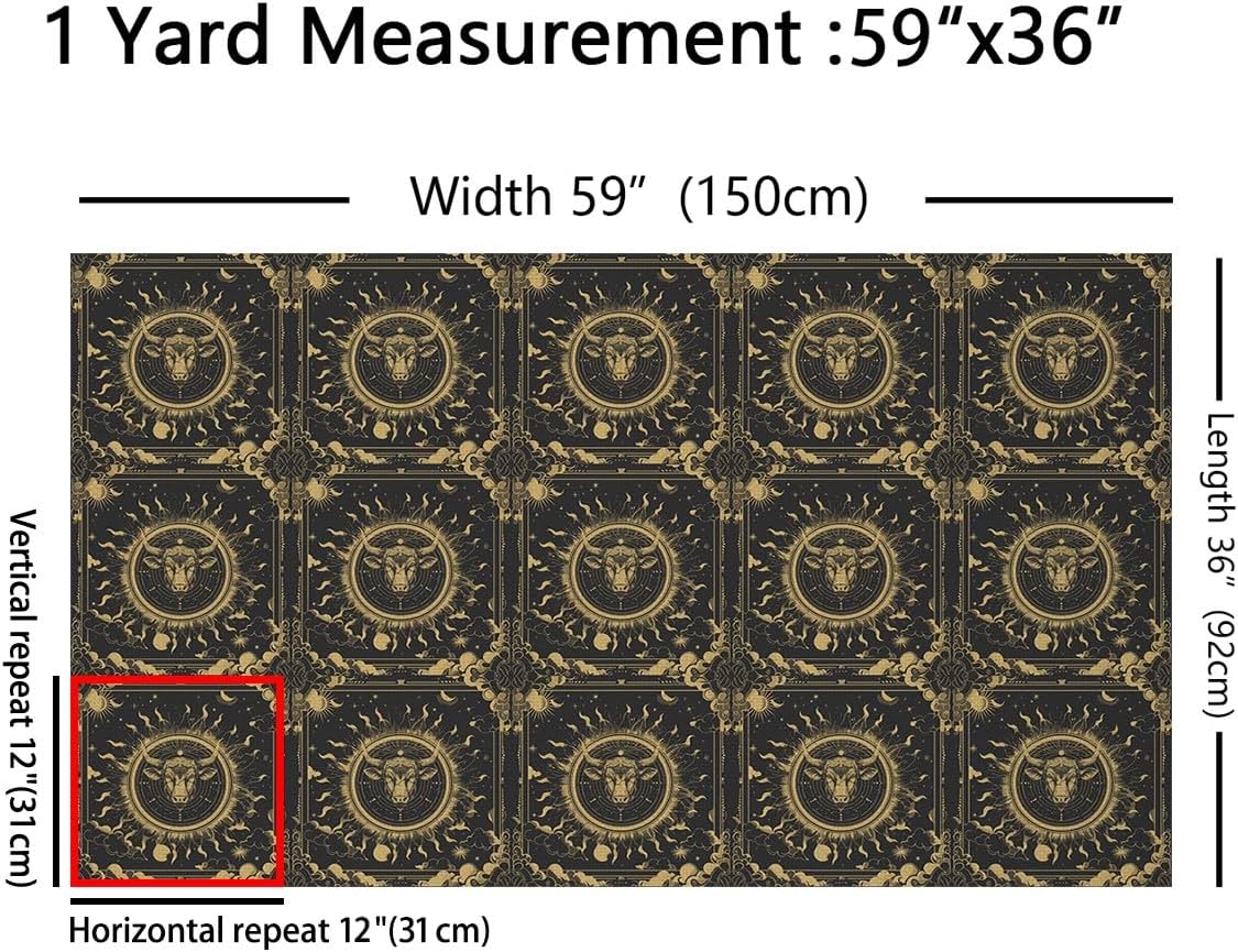 Zodiac Taurus Fabric by The Yard,Sun Moon Stars Upholstery Fabric for Chairs Sofa,Black Gold Decorative Fabric,Twelve Constellations Waterproof Fabric for Kids,Cartoon Style Craft Patchwork,3 Yards