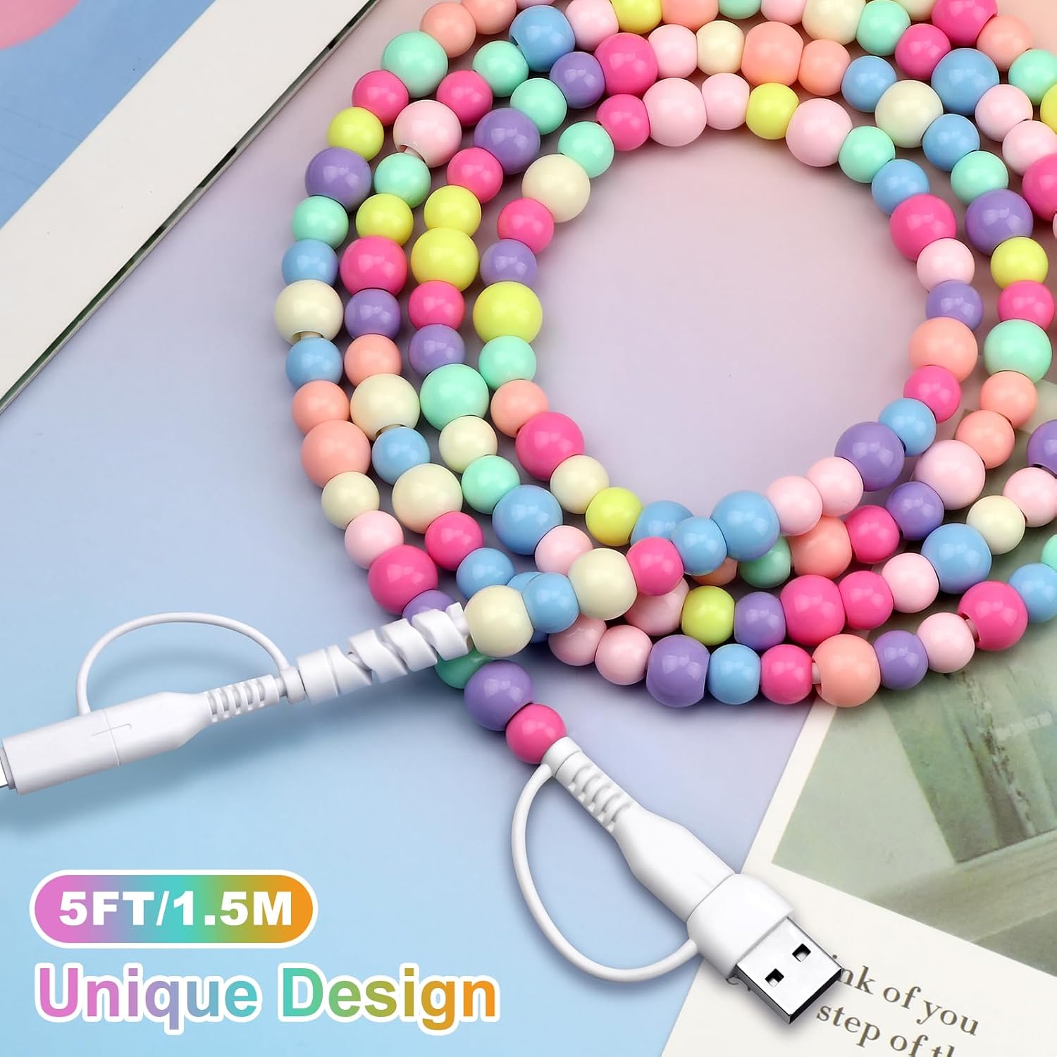 Aolcev 4 in 1 USB C Cable Multi Beaded for iPhone 17 16 15 Charger Cord MFi Certified 4.9FT Fast Charging Cable 66W Chubby USB A Type C iOS Cable Compatible with iPhone 14 Pro Max/Galaxy S25 Colored - Image 9