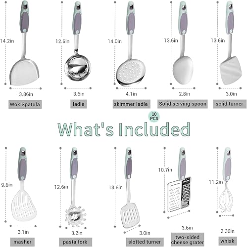 Miniatura 7 de Juego de utensilios de cocina de 10 piezas, acero inoxidable, mango antideslizante, resistente al calor, herramientas de cocina de metal duradero,