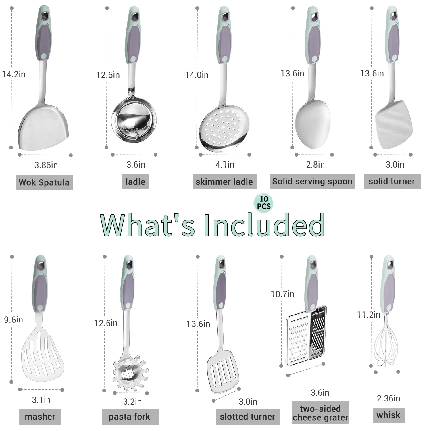 10PCS Cooking Utensils Set, HIFIND Stainless Steel Utensils Set Non Slip Handle Heat Resistant Kitchen Cooking Tools Durable Metal Utensil Spatula, Spoon, Whisk, Ladle, Pasta Fork - Image 7