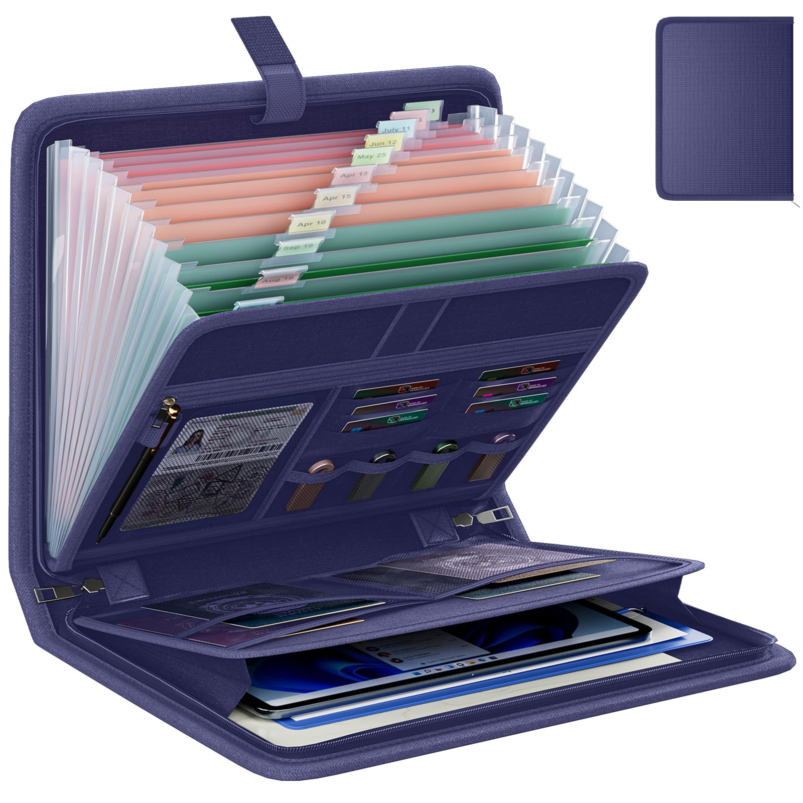 Fireproof Accordion File Organizer, Portable Expanding File Folder with Waterproof Zipper&Labels, Blue Document Organizer with 13 Pockets, File