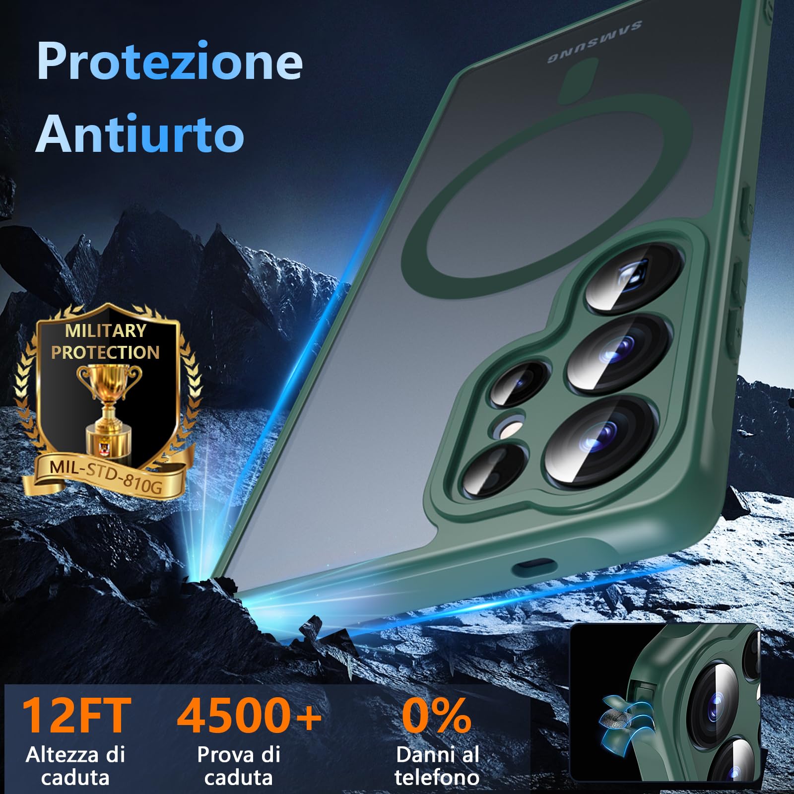 Hensinple Magnetica Cover per Samsung Galaxy S25 Ultra con Vetro Temperato, Compatibile con MagSafe, Custodia Samsung S25 Ultra Antiurto Traslucida Opaca Posteriore Sottile Resistente ai Graffi, Verde