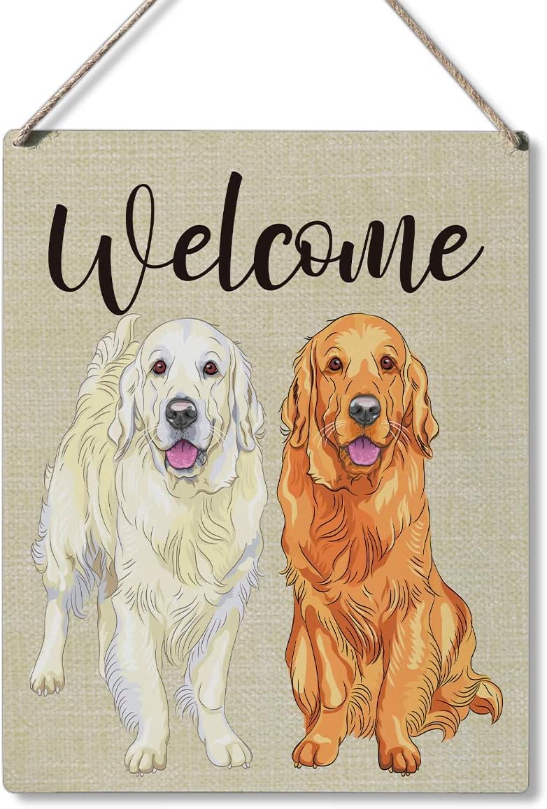 Welcome Sign Gift Farmhouse Welcome Golden Retriever Wooden Hanging Sign Plaque Modern Wall Art Decor for Home Decoration 10 x 8 Inches : Home & Kitchen