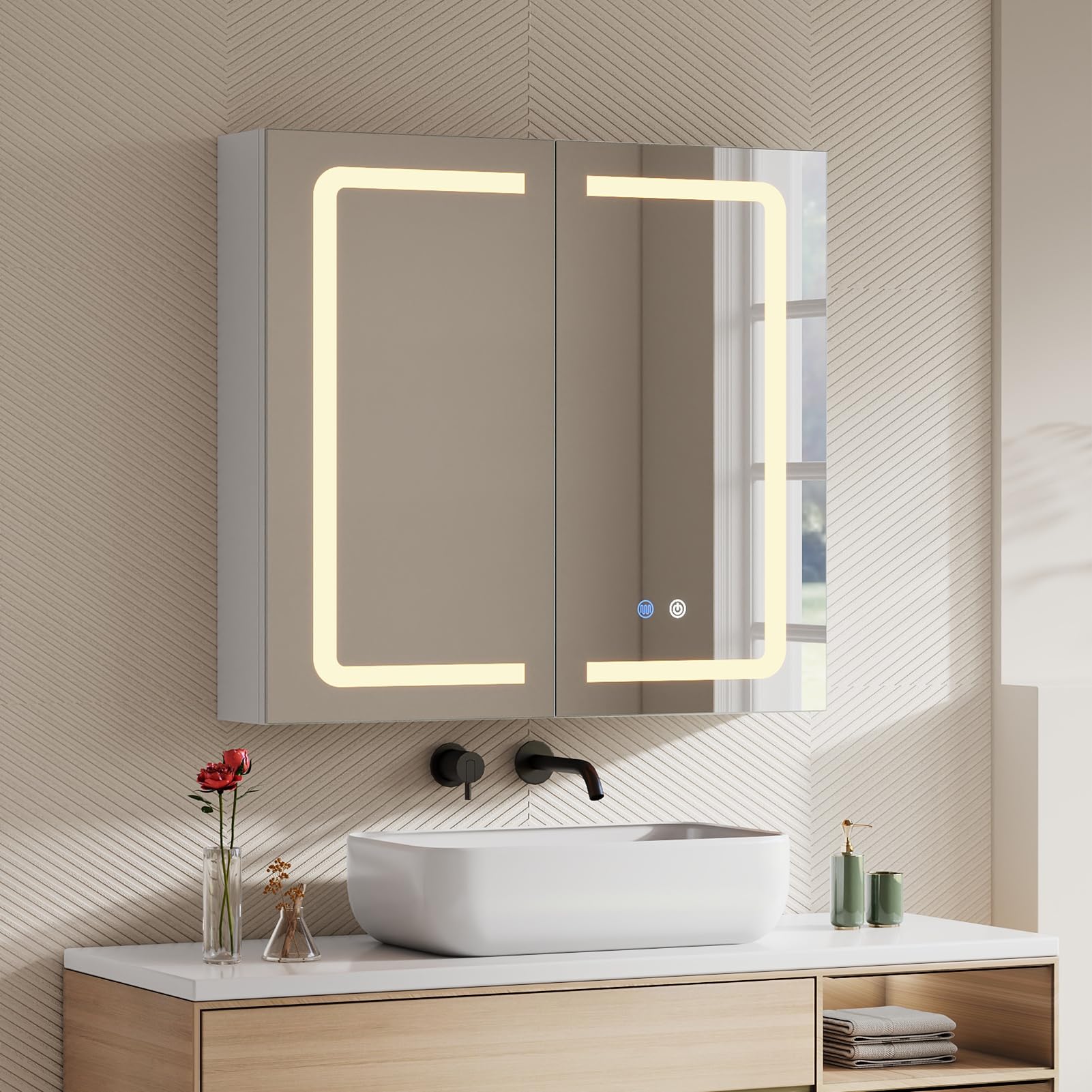 Warmiehomy Bathroom Mirror Cabinet with LED Lights,65x60cm 3-color Dimmable Illuminated Bathroom Mirror Cabinets with Shaver Socker Defogger Touch Switch Two Door,White Frame