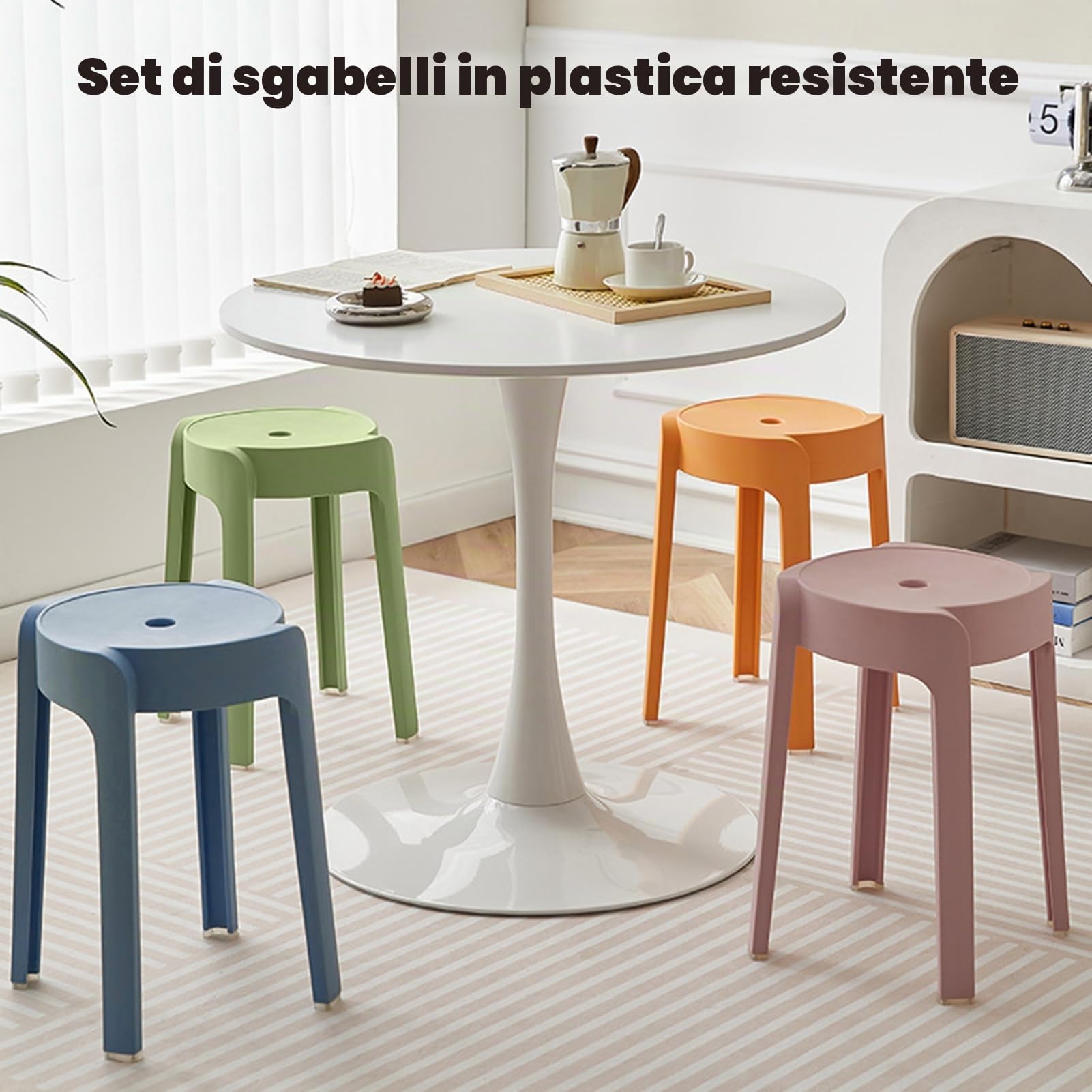 6 sgabelli in plastica, impilabili, sedie da bar senza schienale, antiscivolo, impermeabili, per cucina, sala da pranzo, soggiorno (6 pezzi)