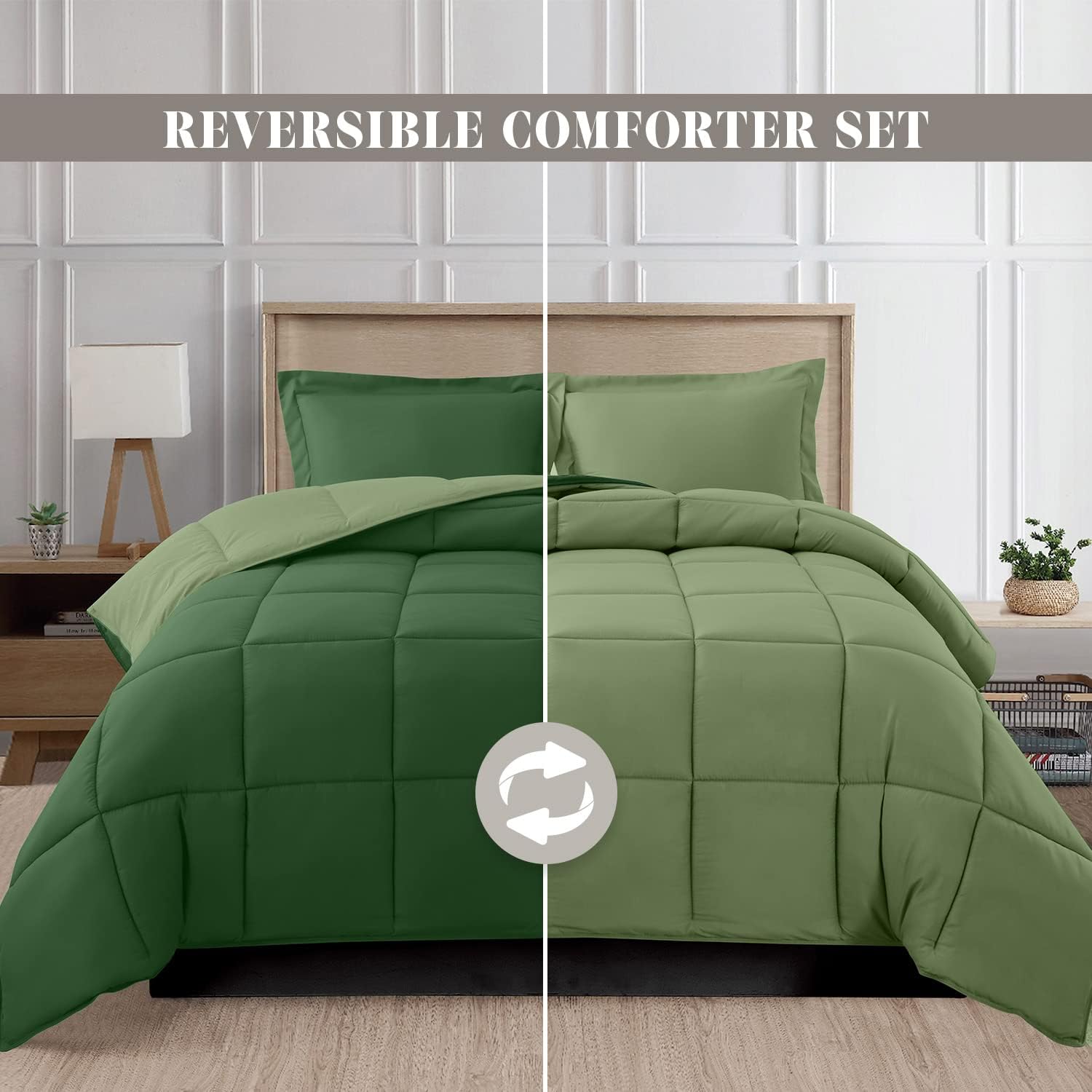 Elegant Comfort 3-Piece Reversible Comforter Set, All Season Cozy, Soft Down Alternative, Quilted - Box Stitched - Duvet Insert with 4 Corner Tabs, Comforter with Shams, Twin, Hunter Green/Sage