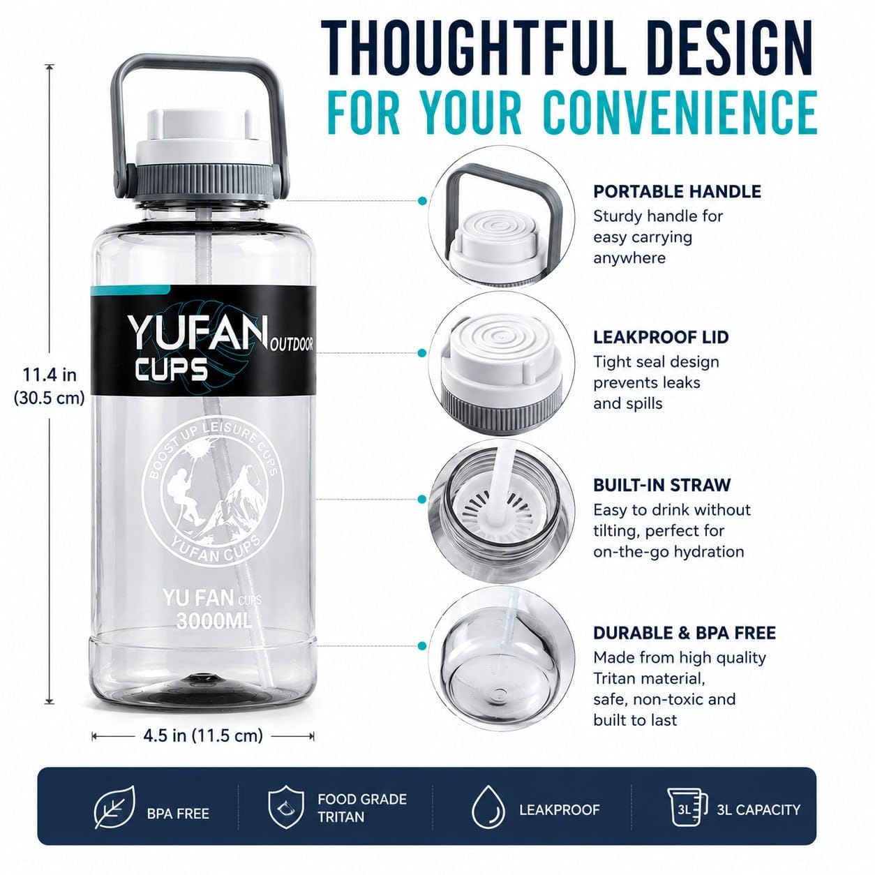 AQUAFIT YUFAN 3L Water Bottle - 100oz Large Sports Jug -4