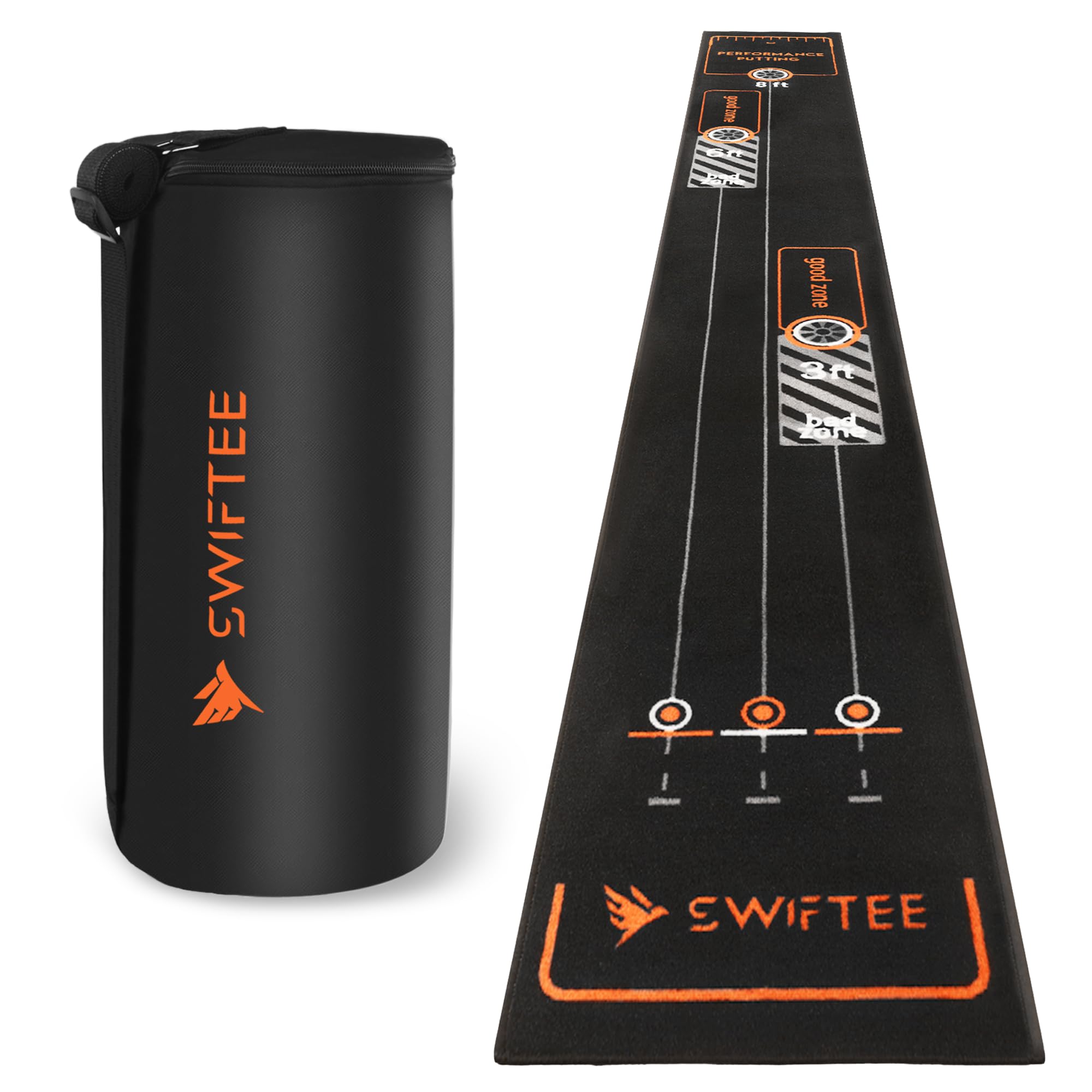 SWIFTEE Golf Putting Mat 3m x 0.4m, Premium Alignment and Distance Training Aid with Performance Putting Zone, Nylon Surface with Anti-Slip Base - Carry Storage Bag Included