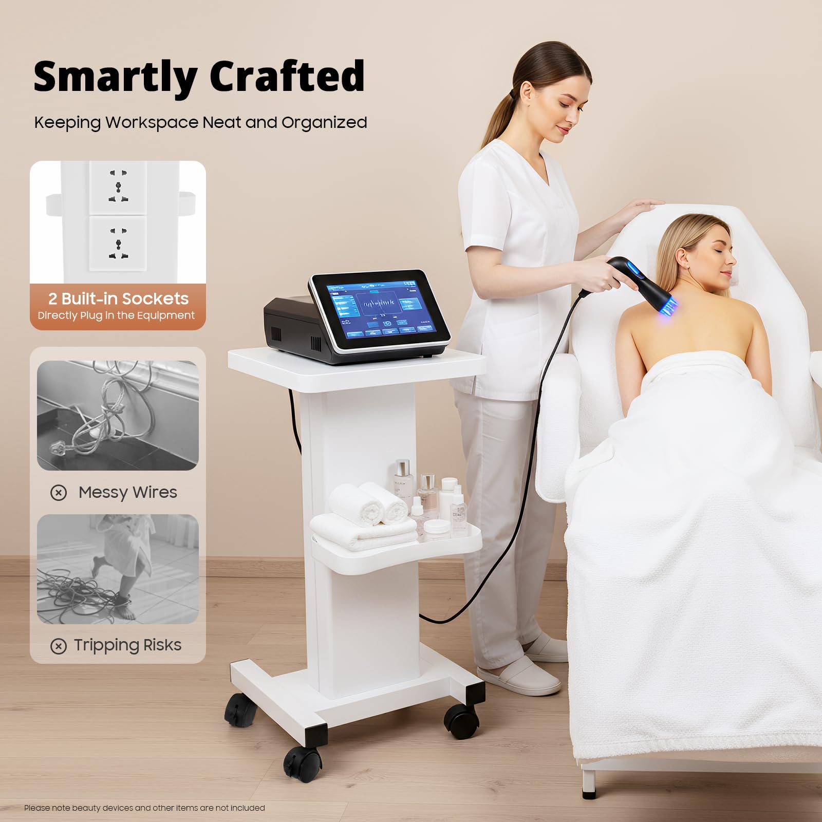 Rolling Beauty Salon Cart with Wheels, Tray, Storage & US Power Outlet