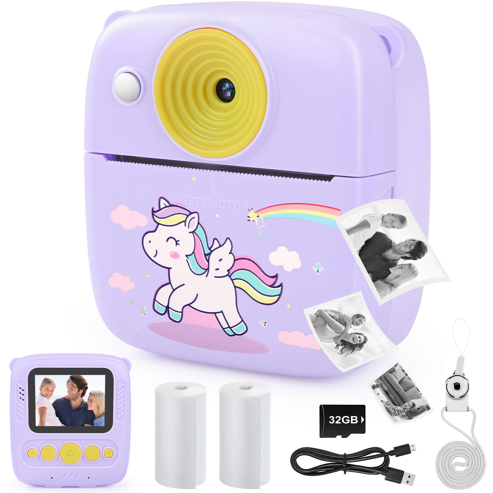 Dhapy Camara Fotos Infantil Instantanea, Cámara De Fotos Infantil De 48 MP con Papel De Impresión Y Tarjeta TF De 32 GB, Camara Fotos Instantaneas 1080P, Regalo Niños Y Niñas De 3 4 5 6 7 8 9 Púrpura