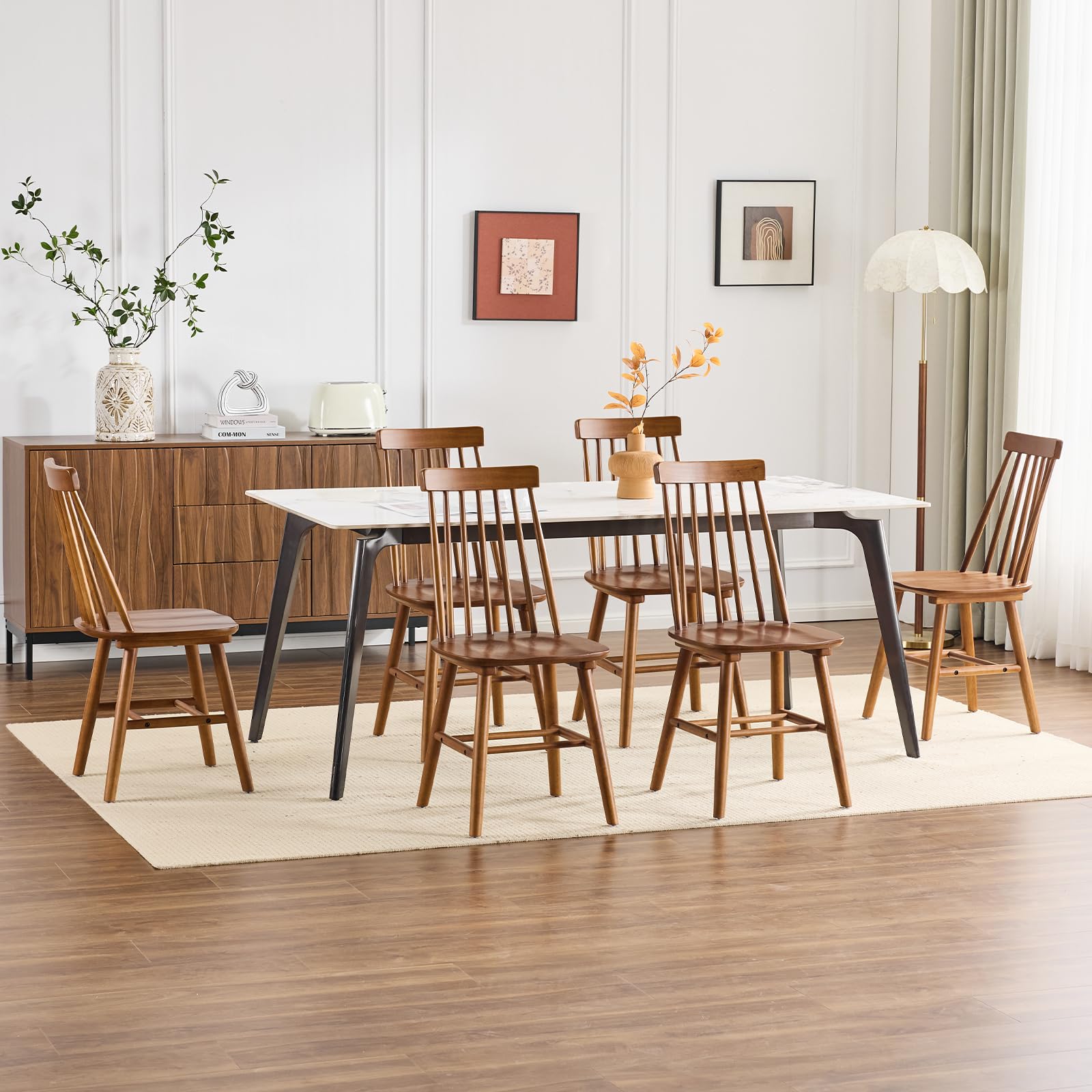 Windsor Wooden Dining Chair Set of 6 Farmhouse Spindle Back Kitchen Chairs Windsor Dining Room Chairs for Kitchen, Living Room, Restaurant, Walnut